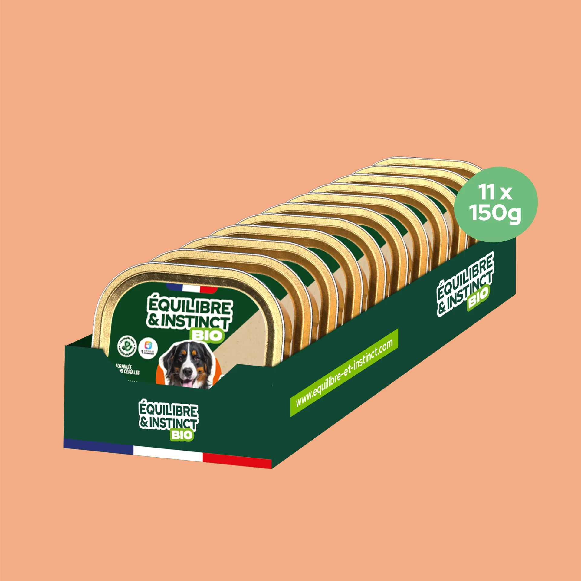 Terrines BIO au poulet et aux petits pois carottes (Chien adulte) Équilibre & Instinct, carton de 11 barquettes de 150 g