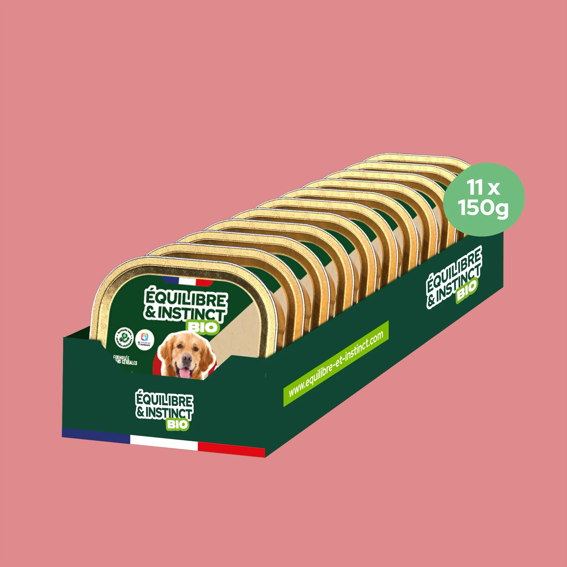 Terrines BIO au bœuf et aux petits pois carottes (Chien adulte) Équilibre & Instinct, carton de 11 barquettes de 150 g