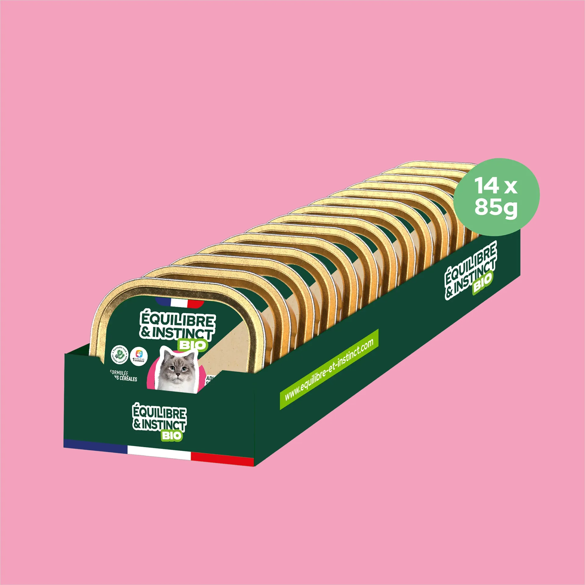 Terrines BIO au saumon et aux brocolis (Chat adulte) Équilibre & Instinct, carton de 14 barquettes de 85 g