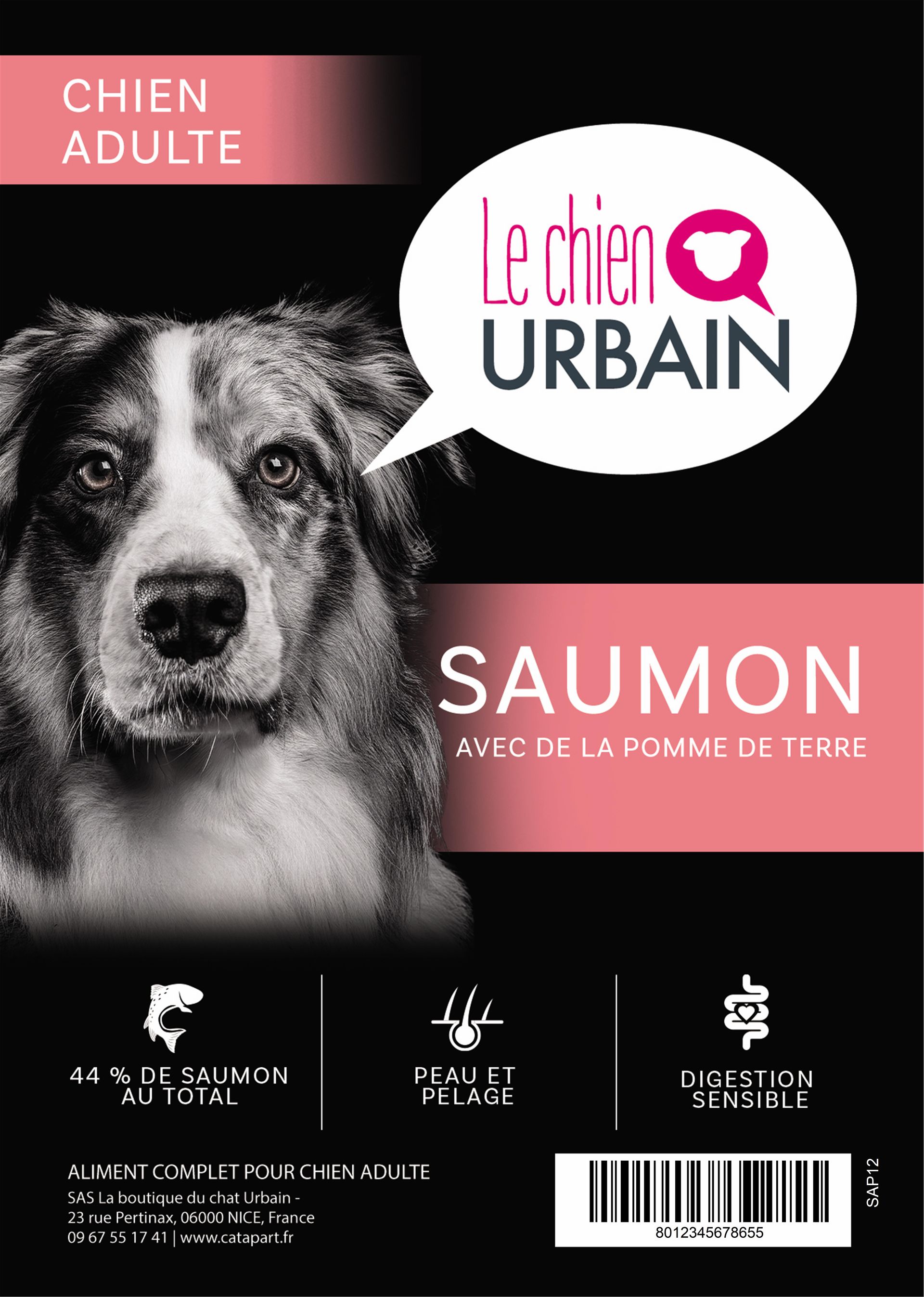 Croquettes pour chien adulte – Saumon et pomme de terre – Le Chien Urbain — étiquette recto