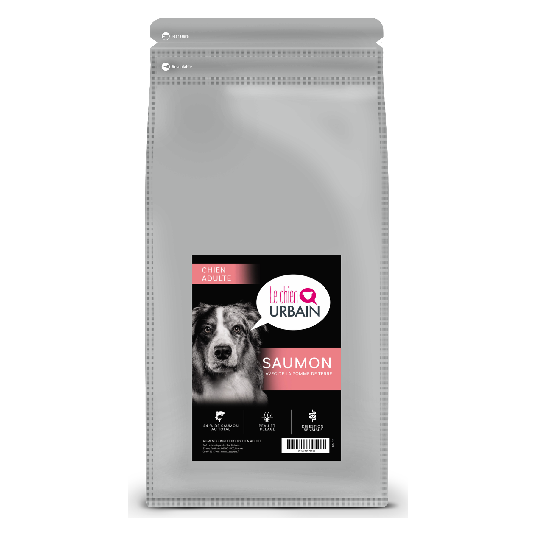 Croquettes pour chien adulte – Saumon et pomme de terre – Le Chien Urbain — 2 kg — sac avec étiquette avant