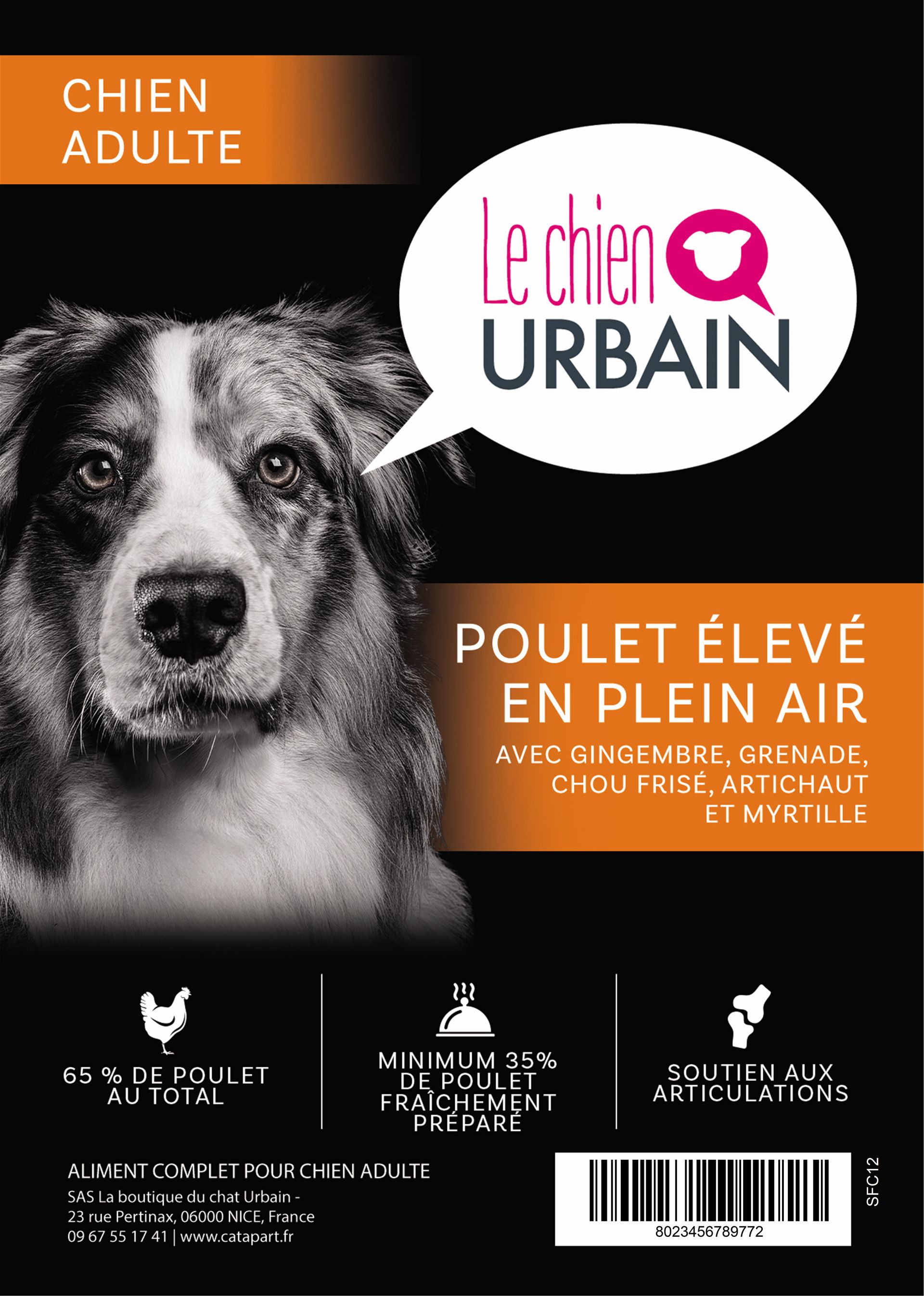 Croquettes sans céréales au poulet 65 % pour chien adulte Le Chien Urbain