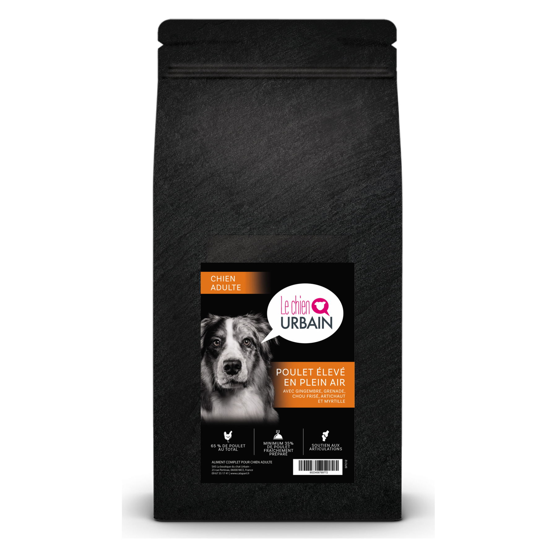 Croquettes sans céréales au poulet 65 % pour chien adulte - Le Chien Urbain — 2 kg — sac avec étiquette avant