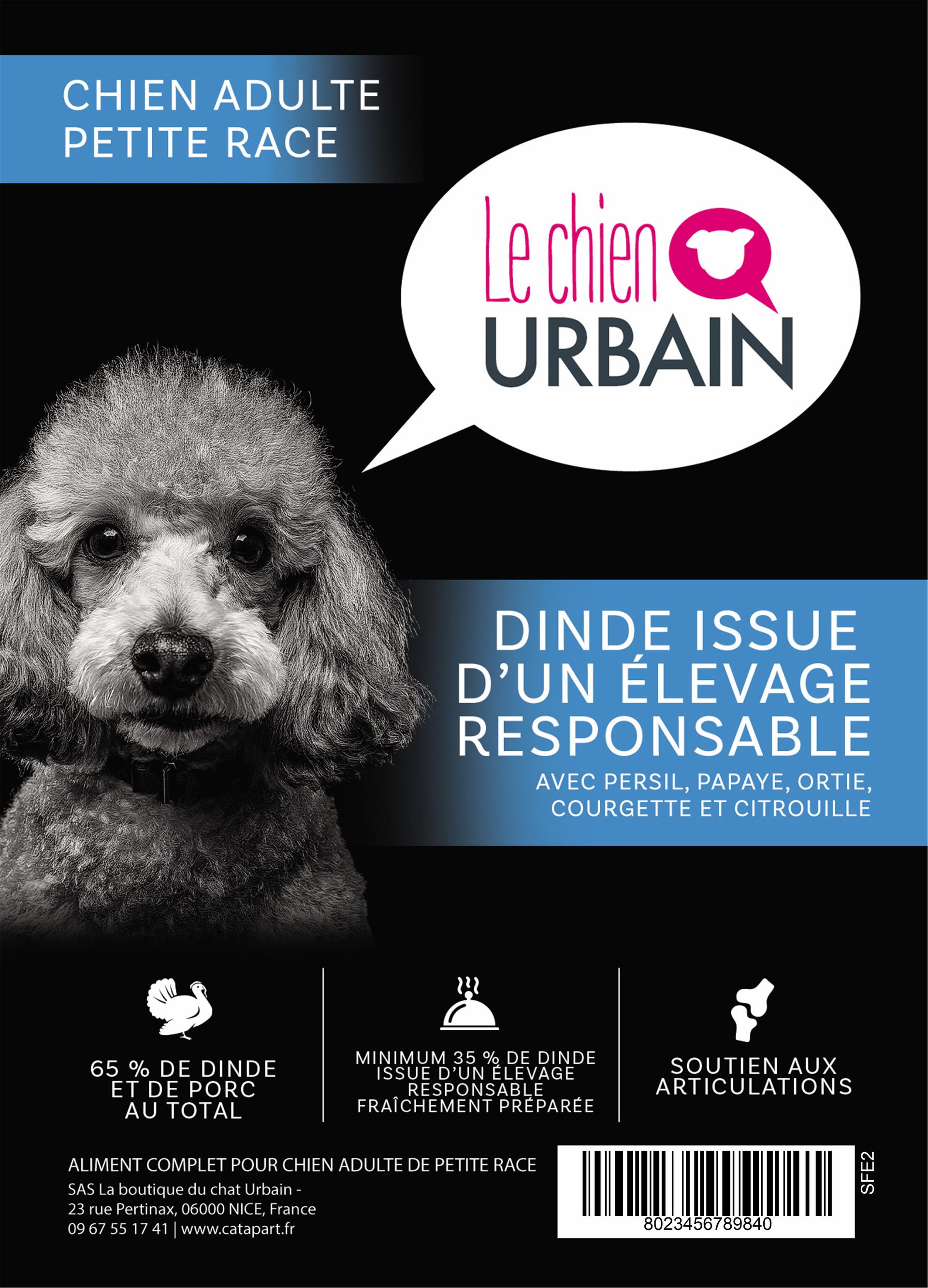 Croquettes sans céréales à la dinde et au porc 65 % pour petit chien adulte 2 kg Le Chien Urbain
