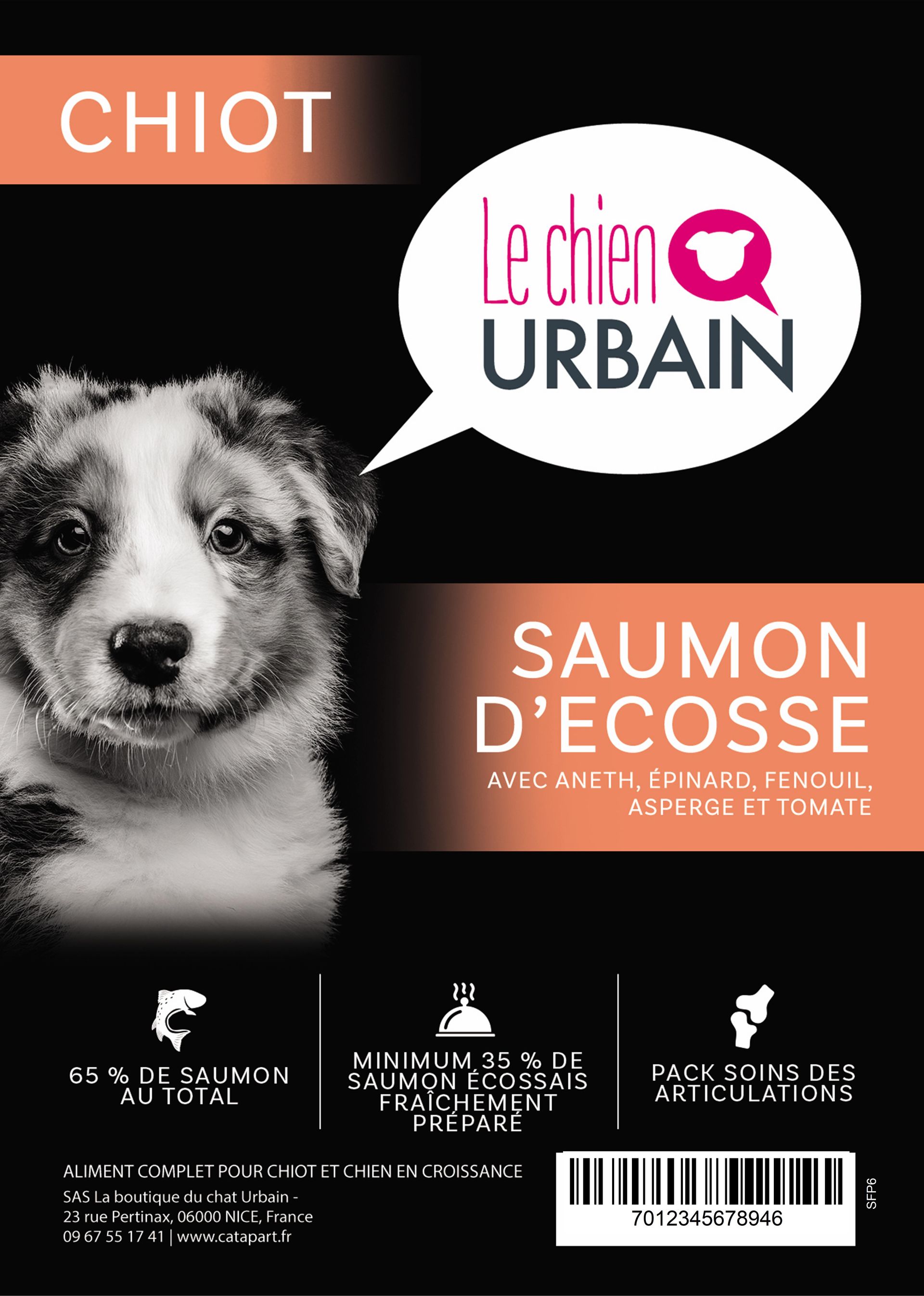 Croquettes sans céréales au saumon d'Écosse 65 % pour chiot Le Chien Urbain