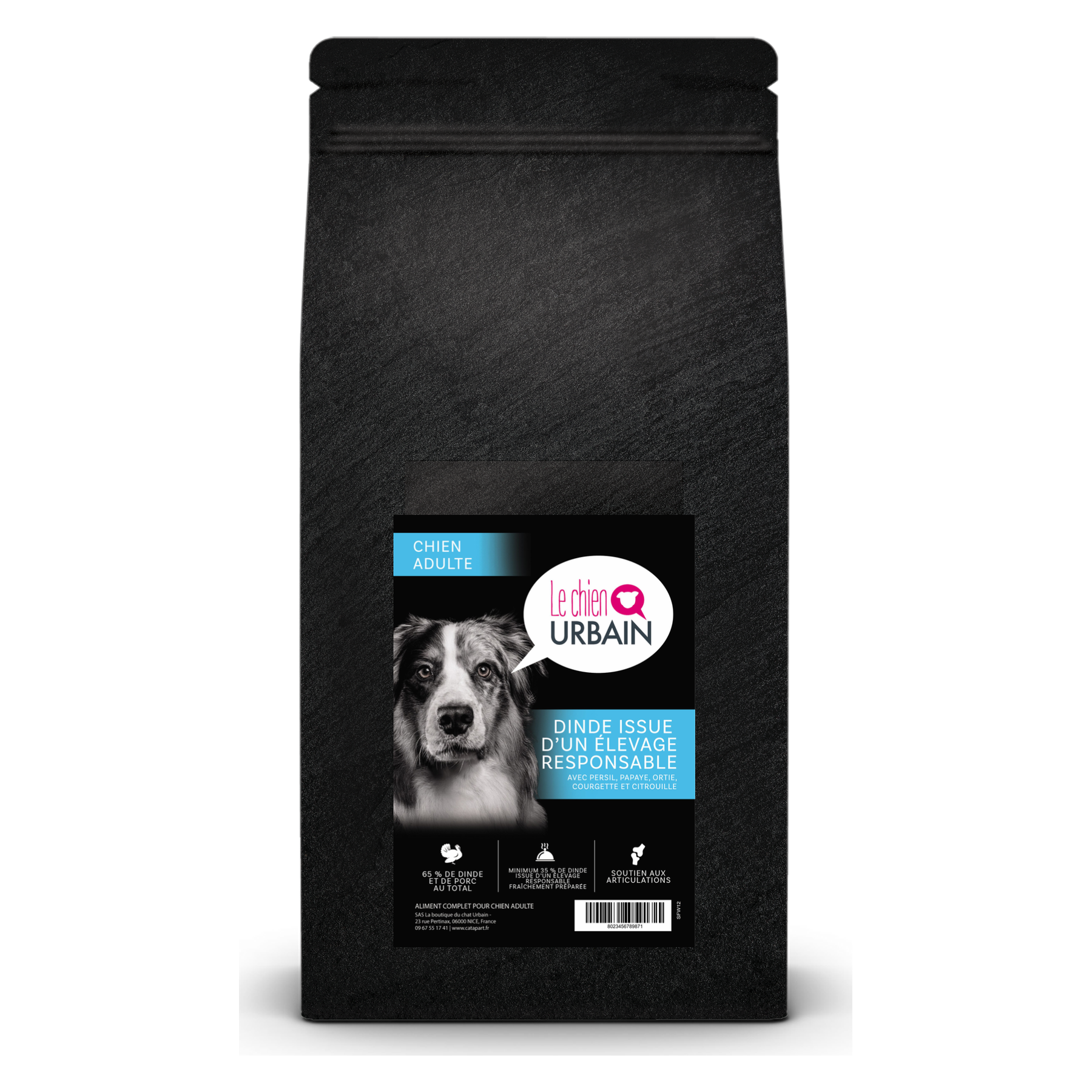 Croquettes sans céréales à la dinde et au porc 65 % pour chien adulte - Le Chien Urbain — 2 kg — sac avec étiquette avant