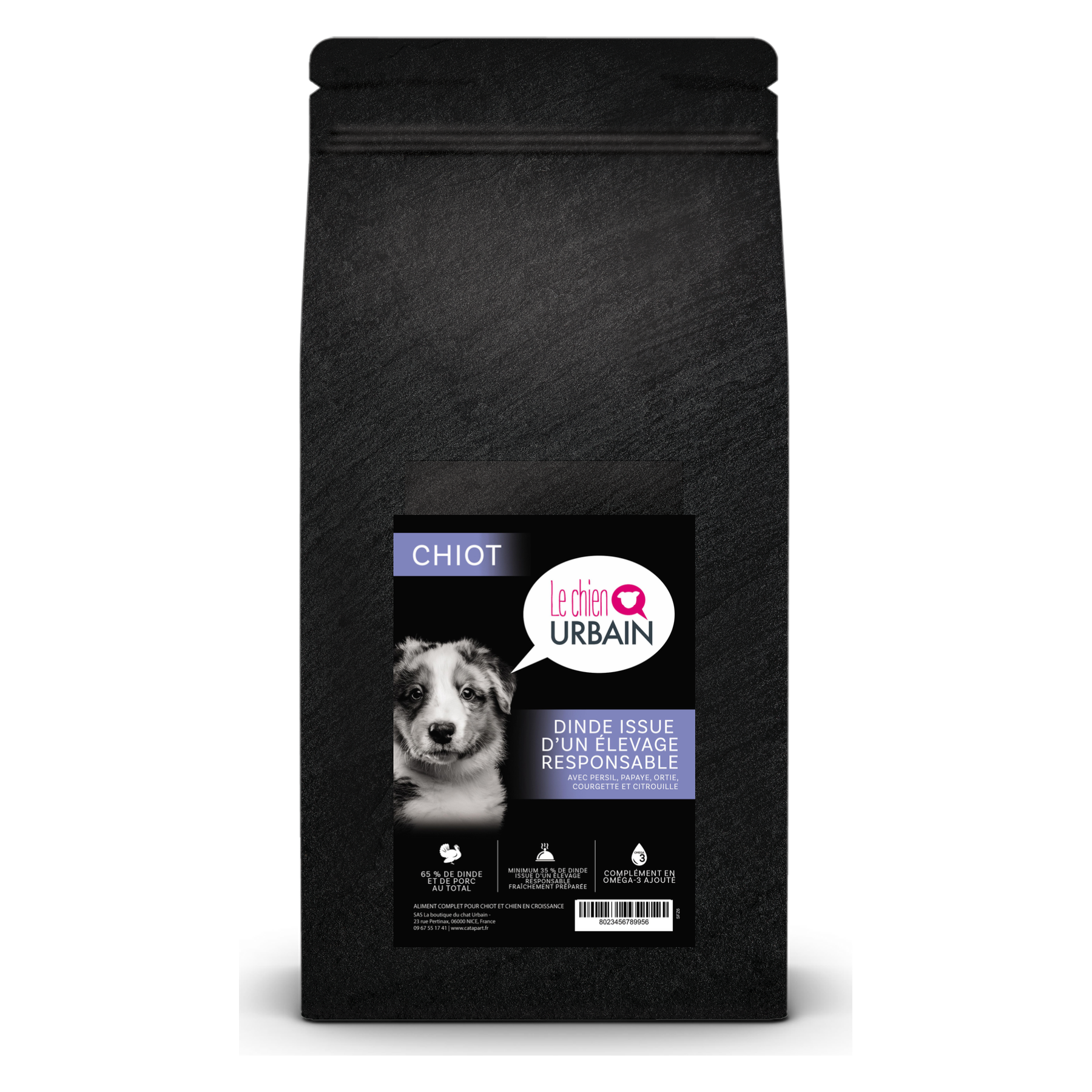 Croquettes sans céréales à la dinde et au porc 65 % pour chiot - Le Chien Urbain — 2 kg — sac avec étiquette avant