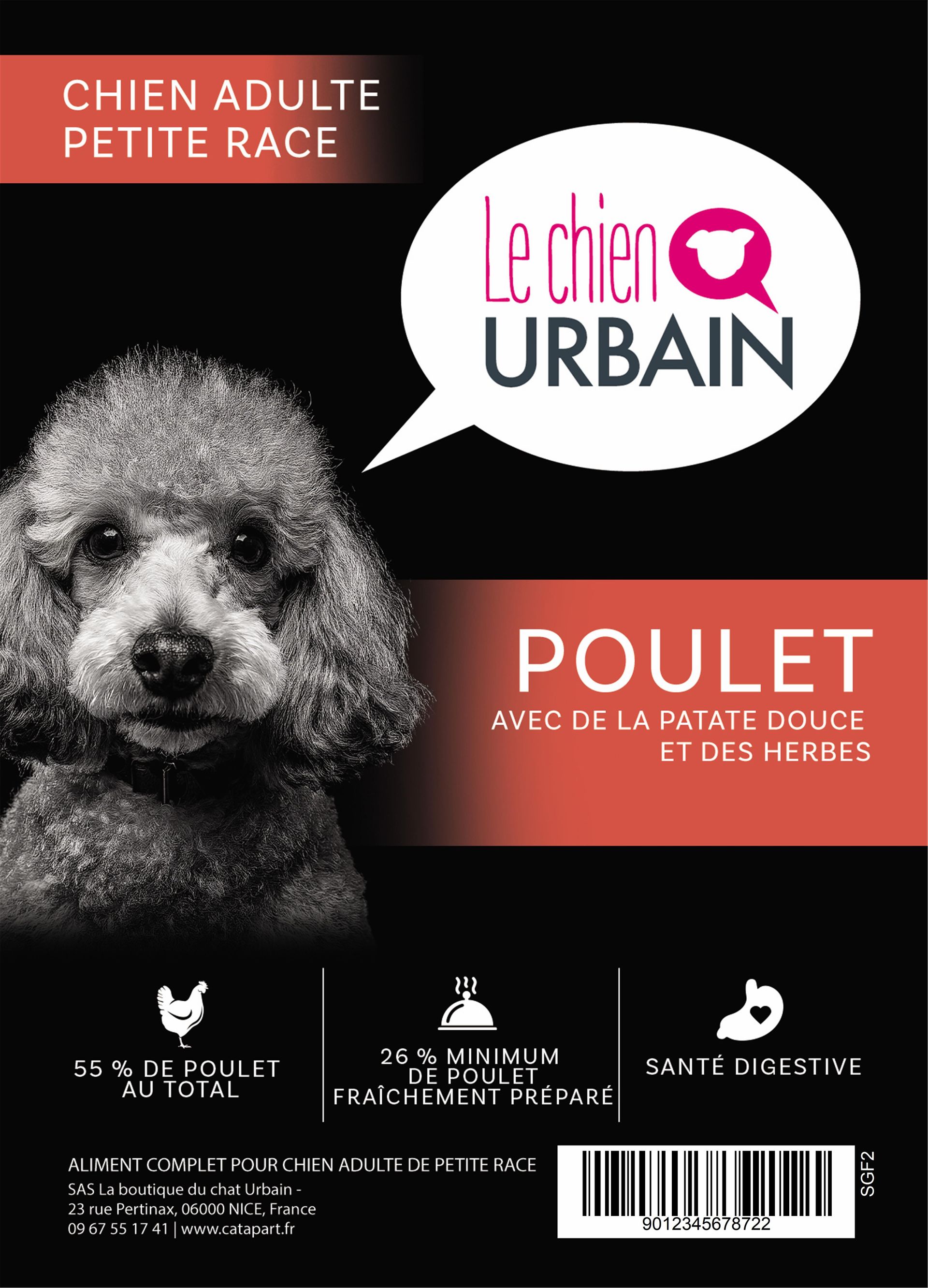 Croquettes sans céréales pour petit chien – Poulet, patate douce et herbes 2 kg – Le Chien Urbain — étiquette recto