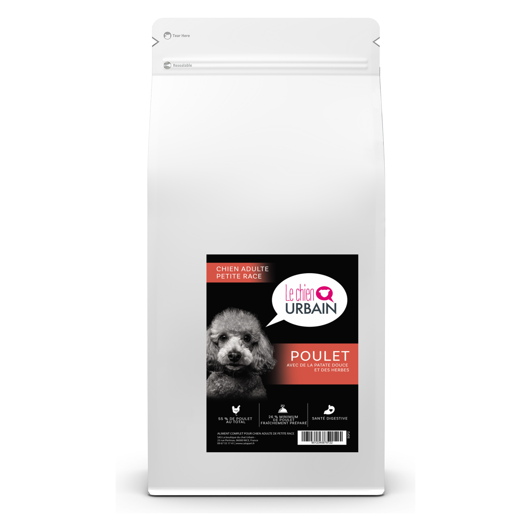 Croquettes sans céréales pour petit chien – Poulet patate douce et herbes 2 kg – Le Chien Urbain — 2 kg — sac avec étiquette avant