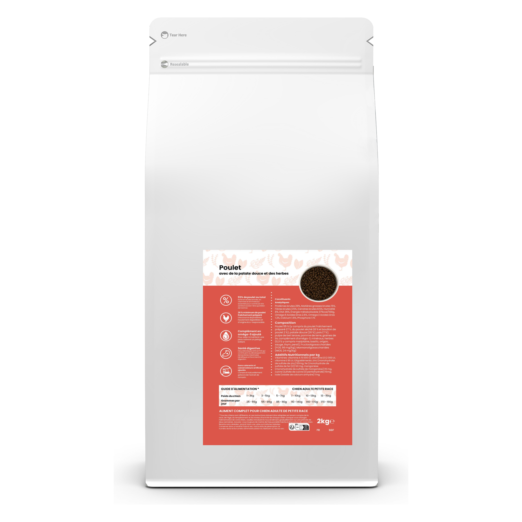 Croquettes sans céréales pour petit chien – Poulet patate douce et herbes 2 kg – Le Chien Urbain — 2 kg — sac avec étiquette avant