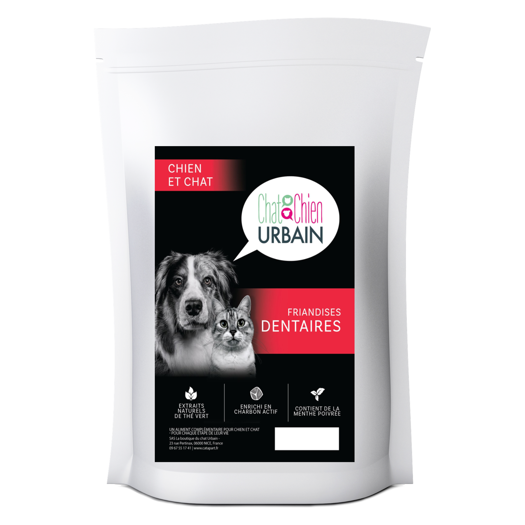 Friandises dentaires pour chien et chat 70 g – Le Chien Urbain — 70 g — sac avec étiquette avant