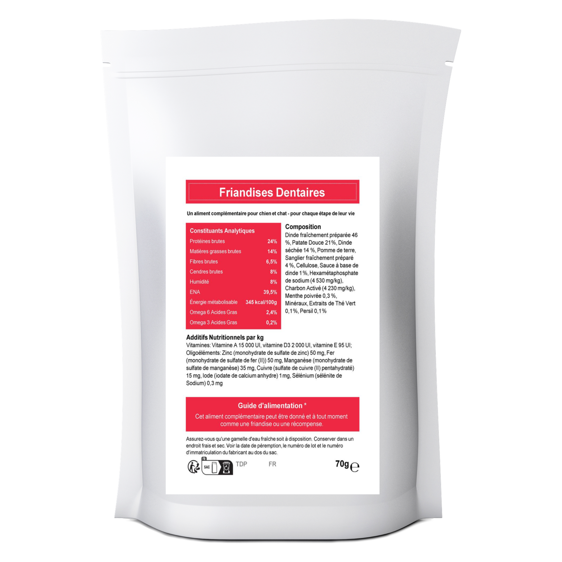 Friandises dentaires pour chien et chat 70 g – Le Chien Urbain — 70 g — sac avec étiquette avant