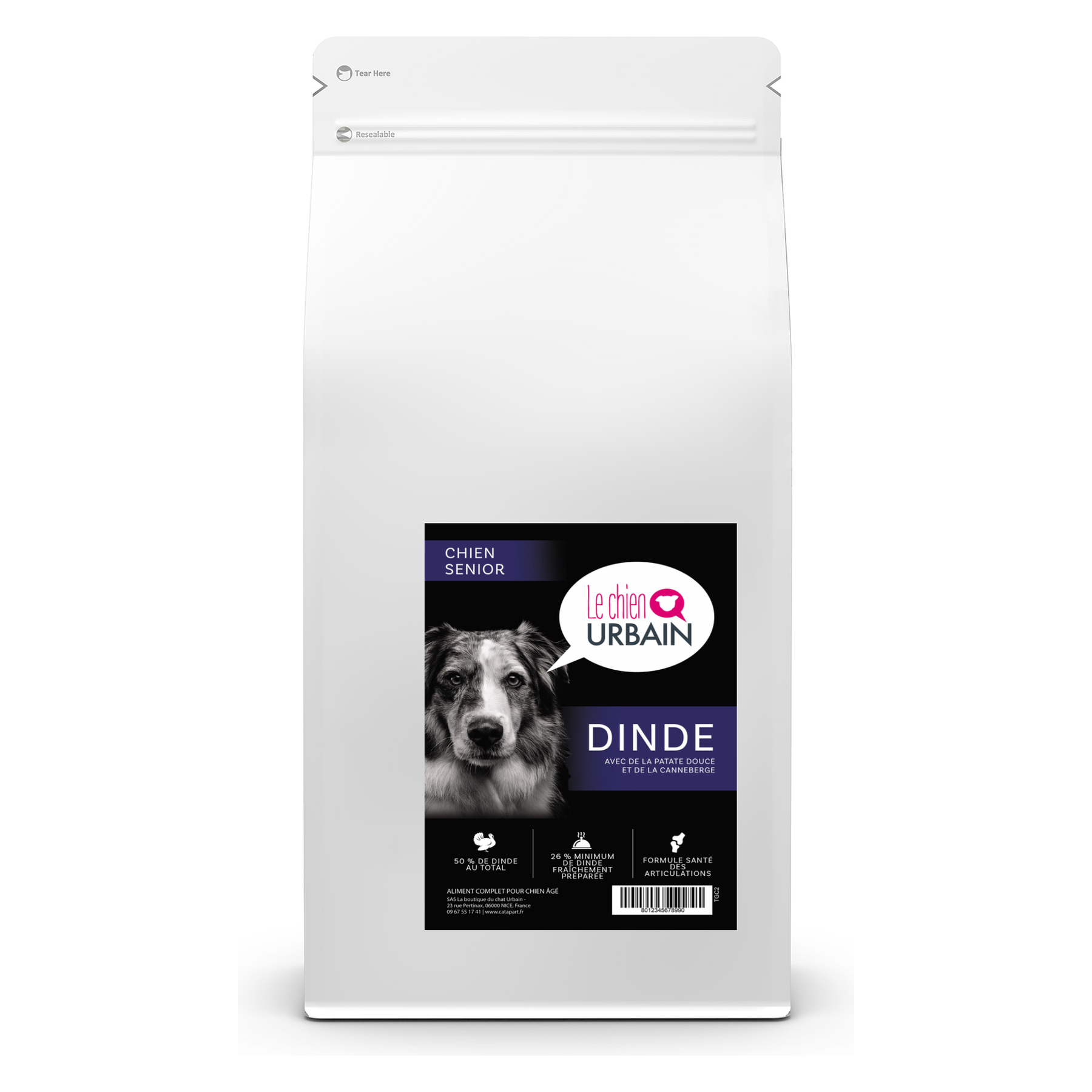 Croquettes sans céréales pour chien senior – Dinde patate douce et canneberge – Le Chien Urbain — 2 kg — sac avec étiquette avant