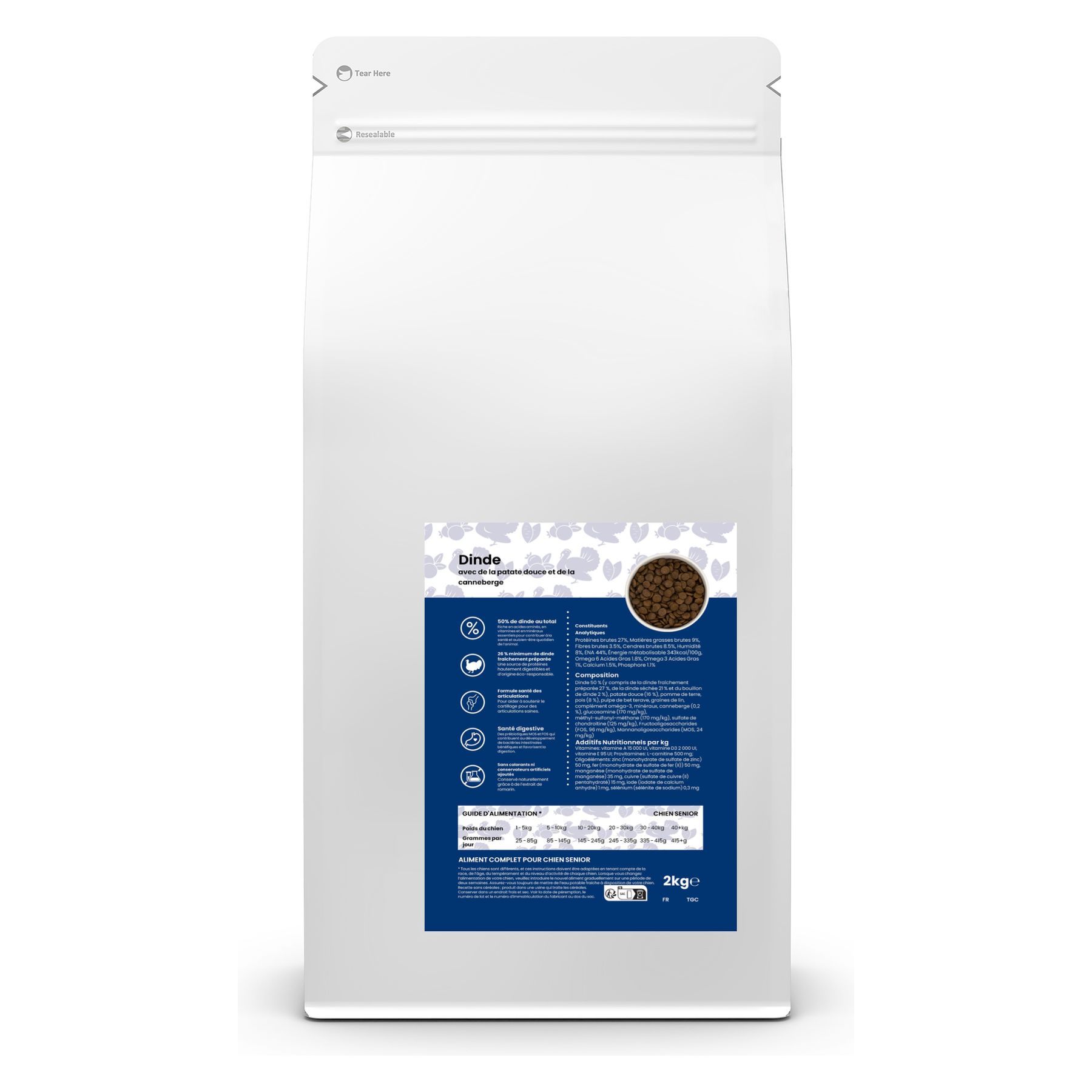 Croquettes sans céréales pour chien senior – Dinde patate douce et canneberge – Le Chien Urbain — 2 kg — sac avec étiquette avant