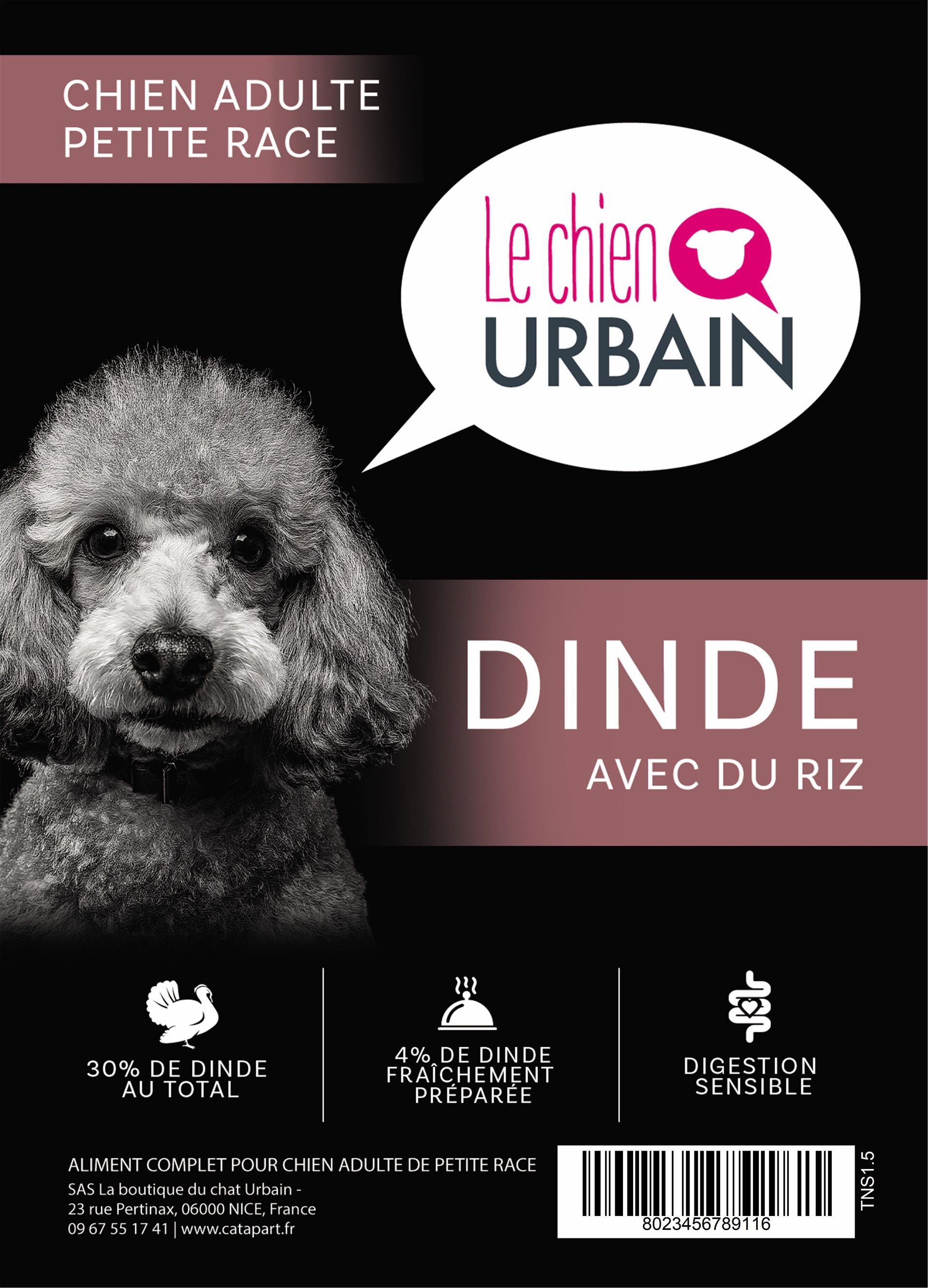 Croquettes pour chien adulte petite race – Dinde, riz et avoine 1,5 kg – Le Chien Urbain — étiquette recto