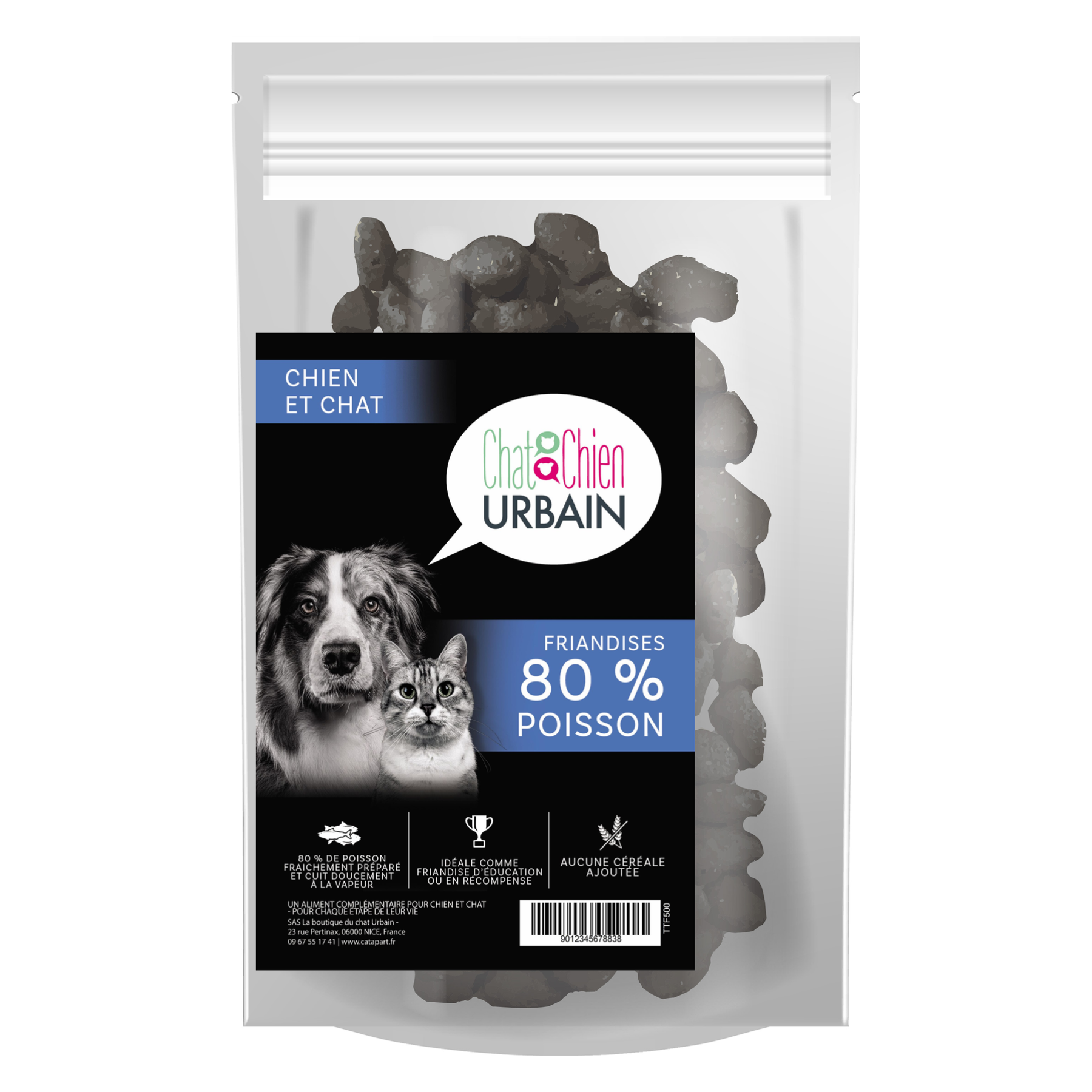 Friandises au poisson 80 % pour chien et chat 500 g – Le Chien Urbain — 500 g — sac avec étiquette avant