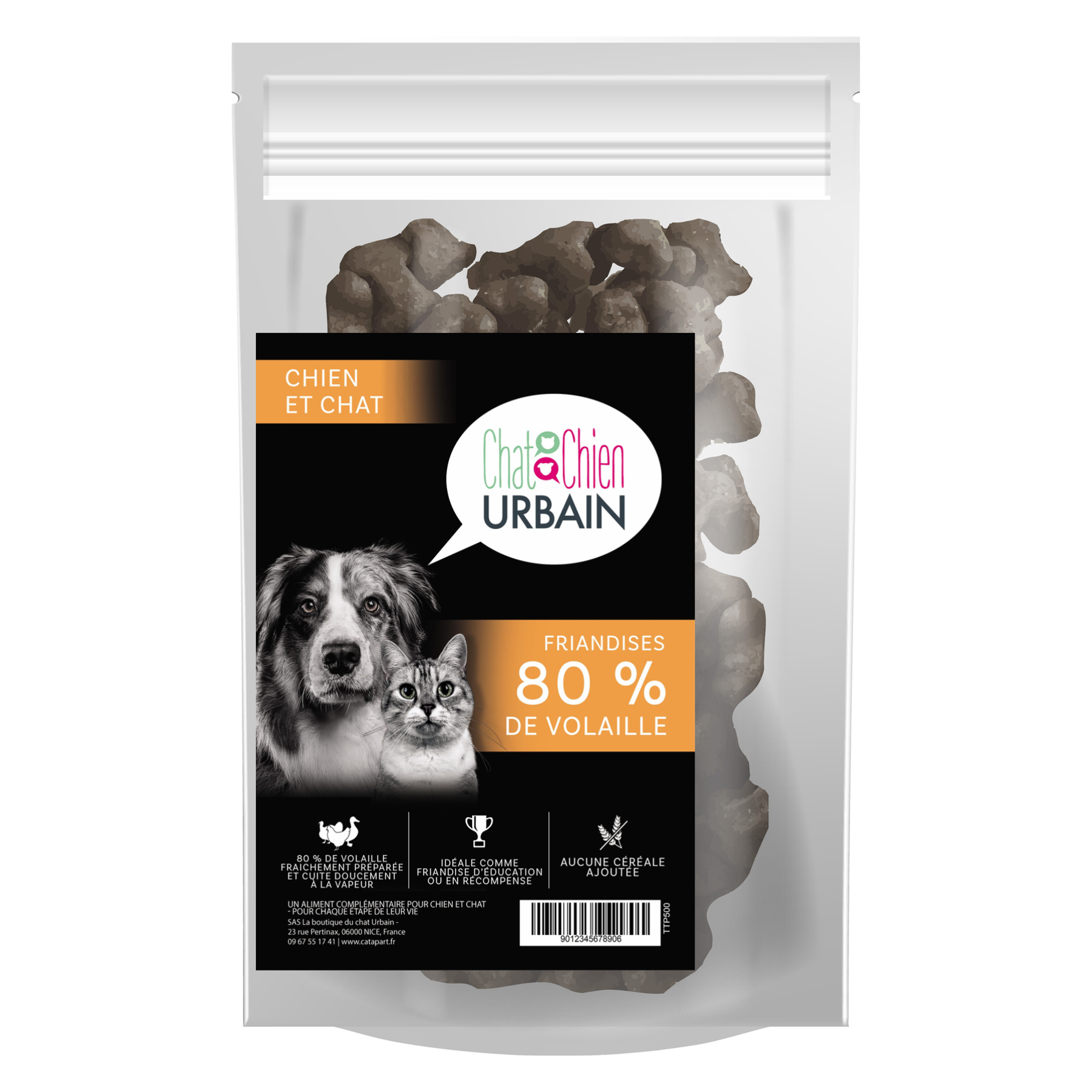 Friandises à la volaille 80 % pour chien et chat 500 g – Le Chien Urbain — 500 g — sac avec étiquette avant