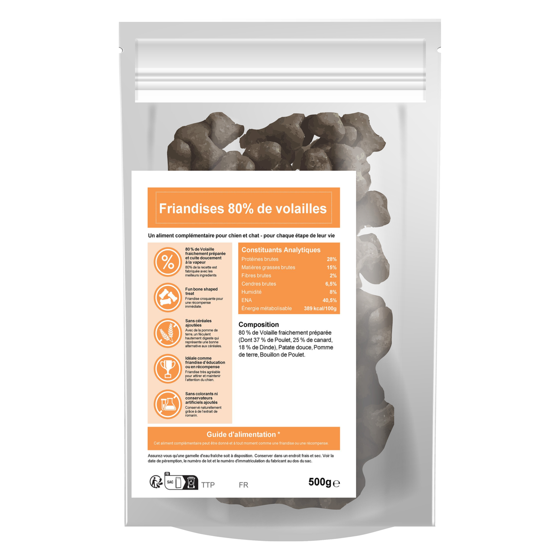 Friandises à la volaille 80 % pour chien et chat 500 g – Le Chien Urbain — 500 g — sac avec étiquette avant