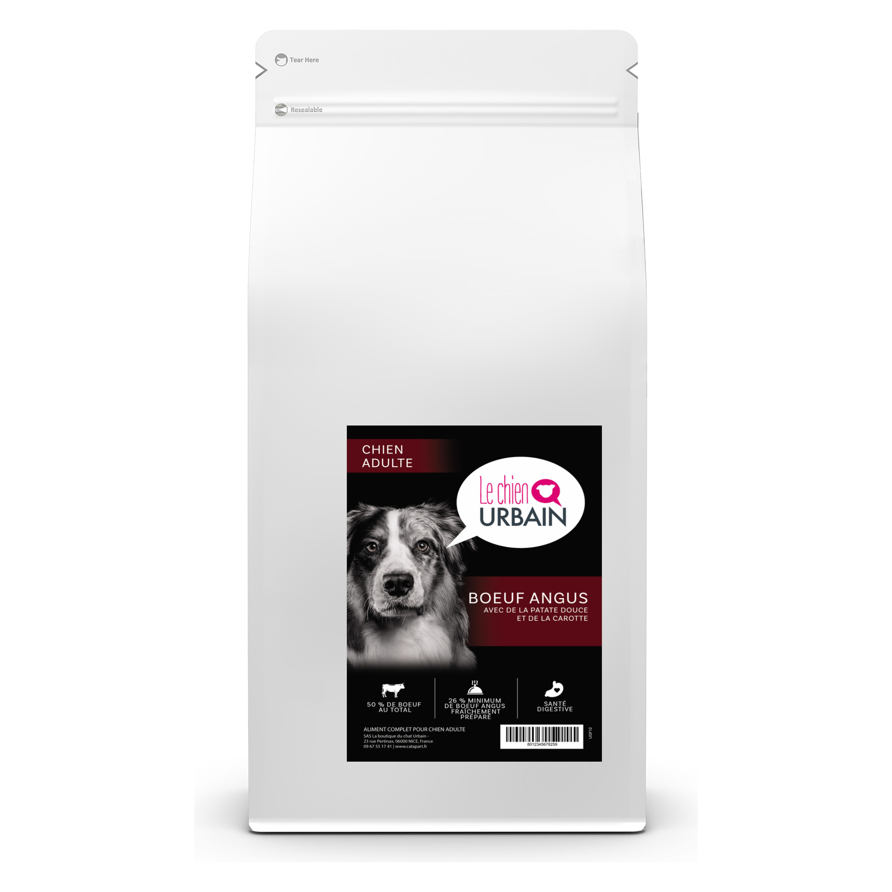 Croquettes sans céréales pour chien adulte – Bœuf Angus patate douce et carotte – Le Chien Urbain — 2 kg — sac avec étiquette avant