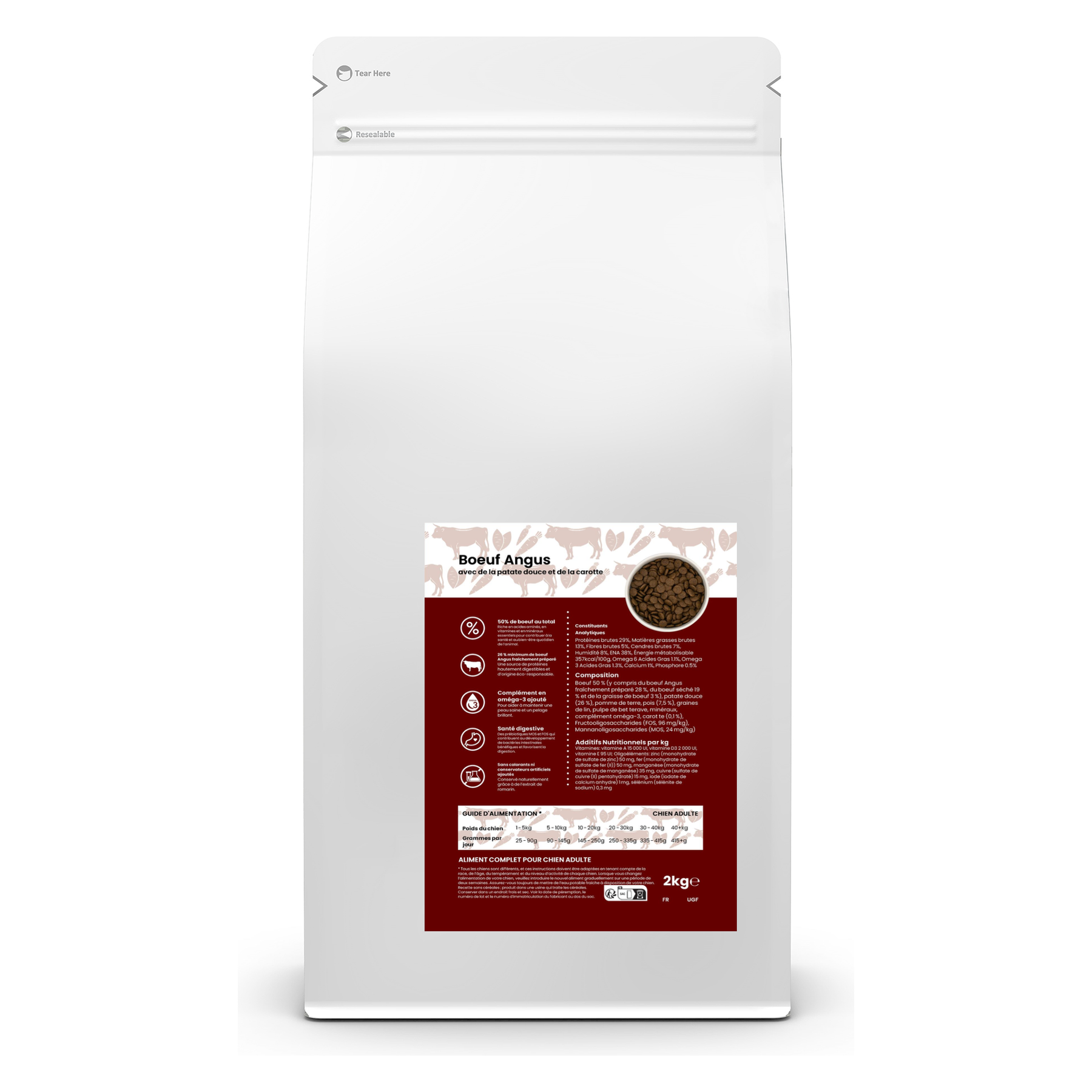 Croquettes sans céréales pour chien adulte – Bœuf Angus patate douce et carotte – Le Chien Urbain — 2 kg — sac avec étiquette avant