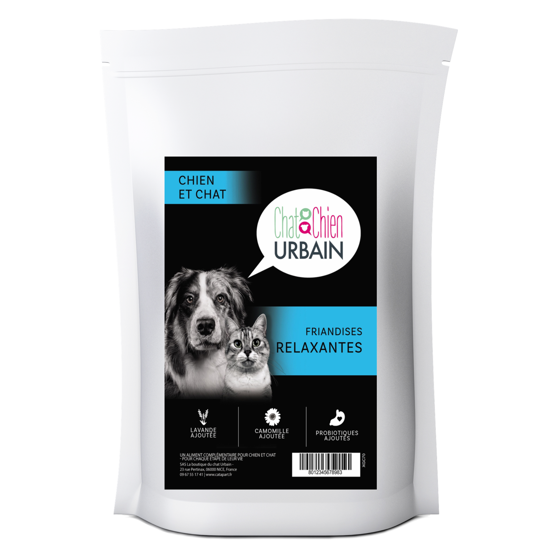 Friandises relaxantes pour chien et chat 70 g – Le Chien Urbain — 70 g — sac avec étiquette avant