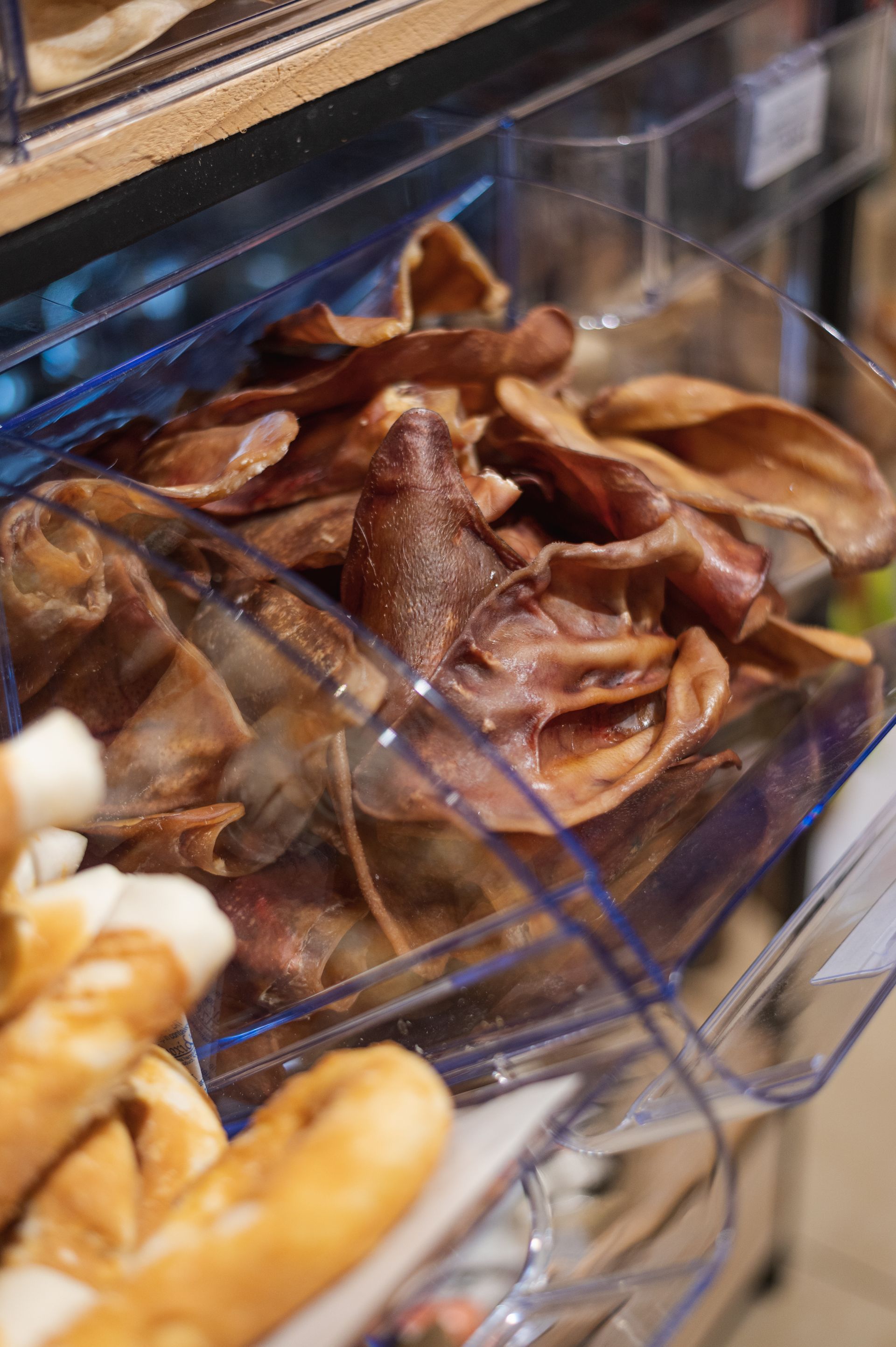 Un jouet à mâcher pour chien dans un bac transparent, avec des oreilles séchées de couleur beige.