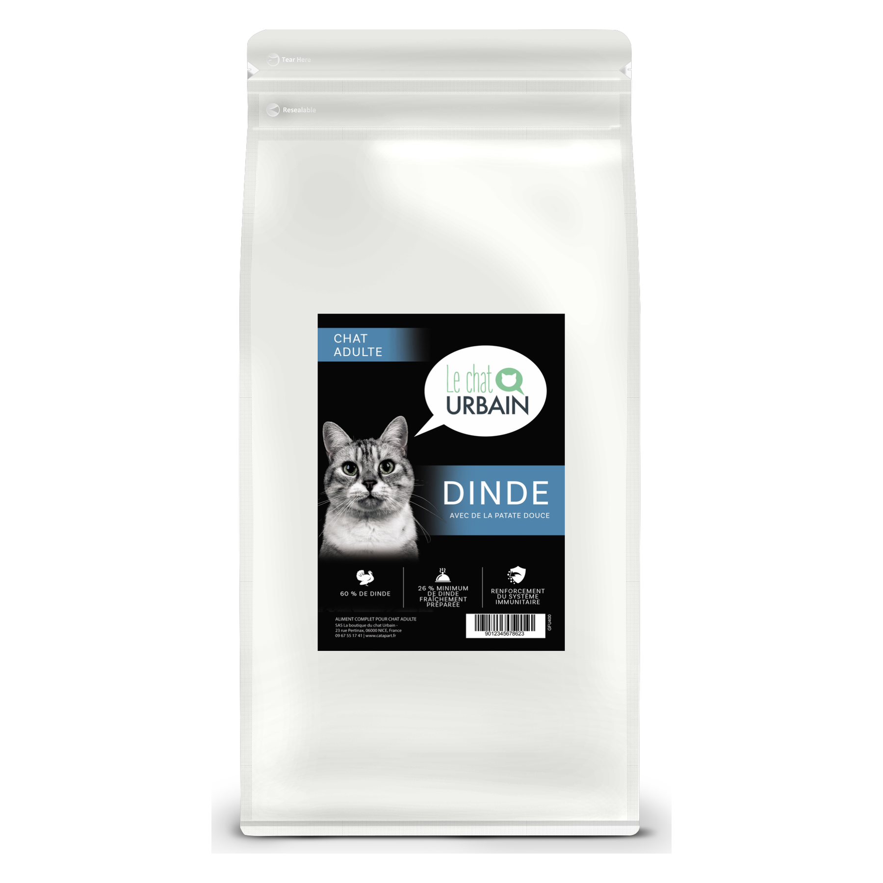Croquettes sans céréales pour chat adulte – Dinde – Le Chat Urbain — 2 kg — sac de face avec étiquette avant