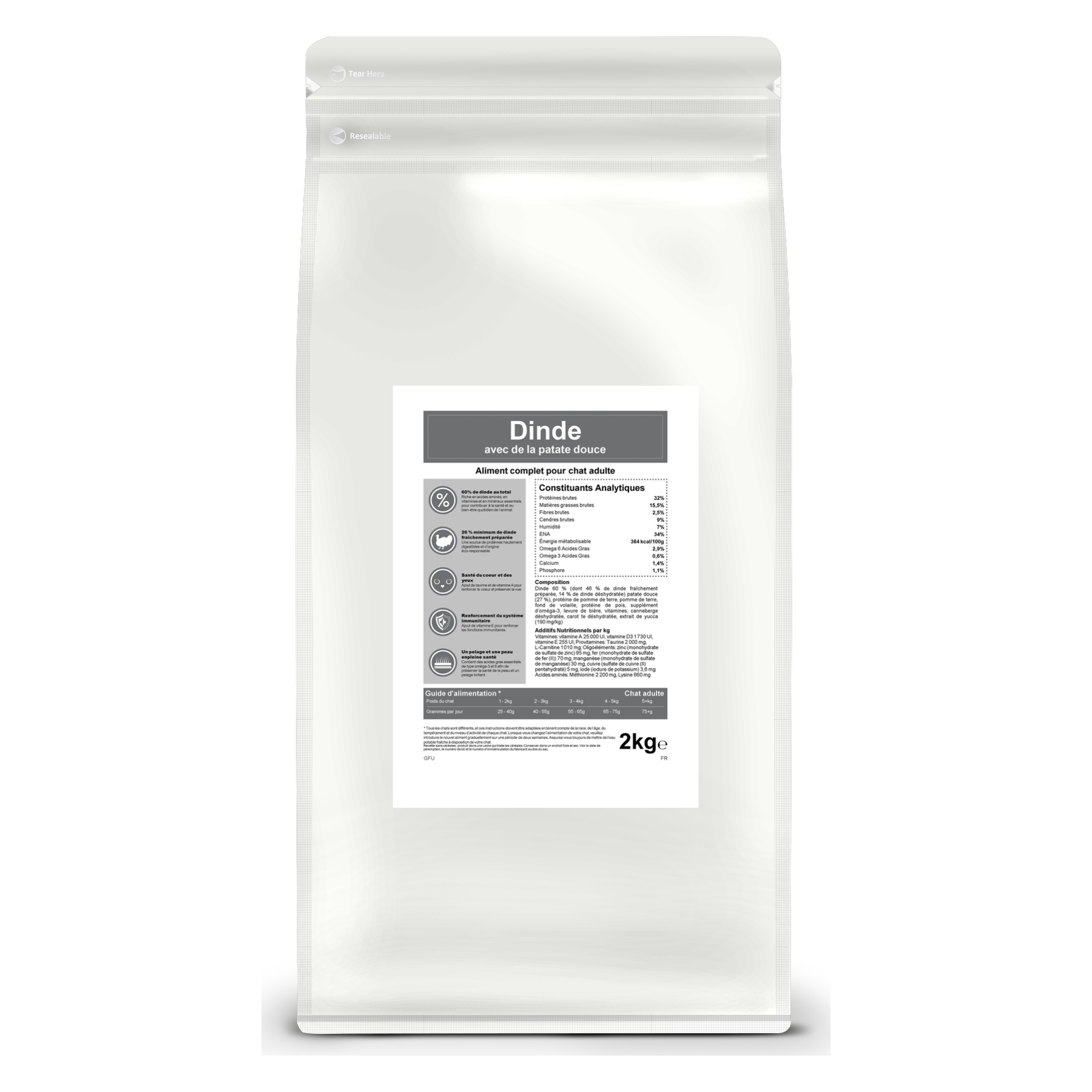 Croquettes sans céréales pour chat adulte – Dinde – Le Chat Urbain — 2 kg — sac de face avec étiquette avant