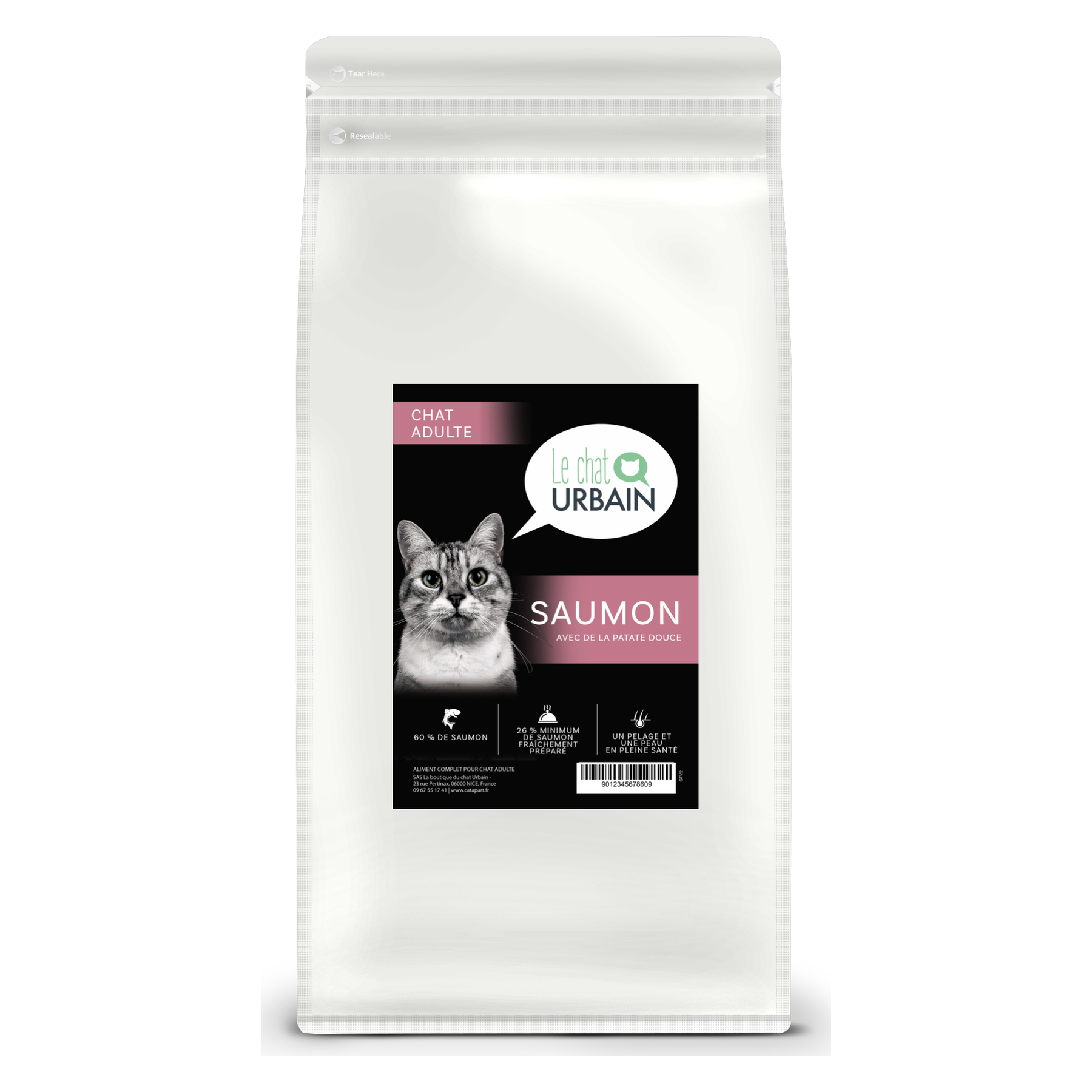 Croquettes sans céréales pour chat adulte – Saumon – Le Chat Urbain — 2 kg — sac de face avec étiquette avant