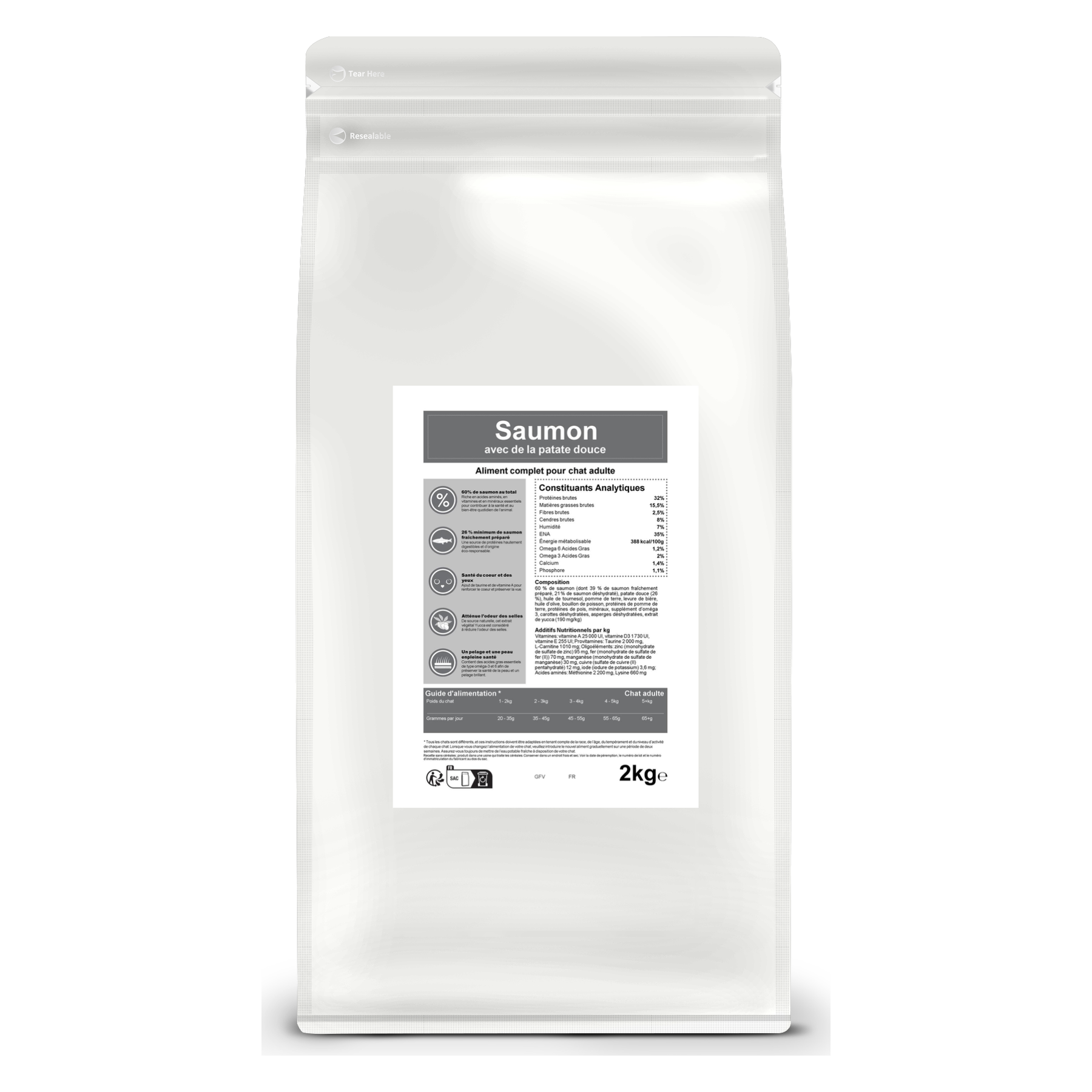 Croquettes sans céréales pour chat adulte – Saumon – Le Chat Urbain — 2 kg — sac de face avec étiquette avant