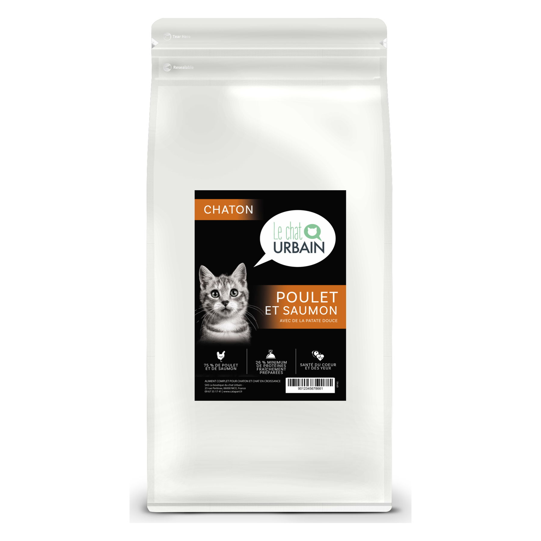 Croquettes sans céréales pour chaton – Poulet et saumon 2 kg – Le Chat Urbain — 2 kg — sac de face avec étiquette avant