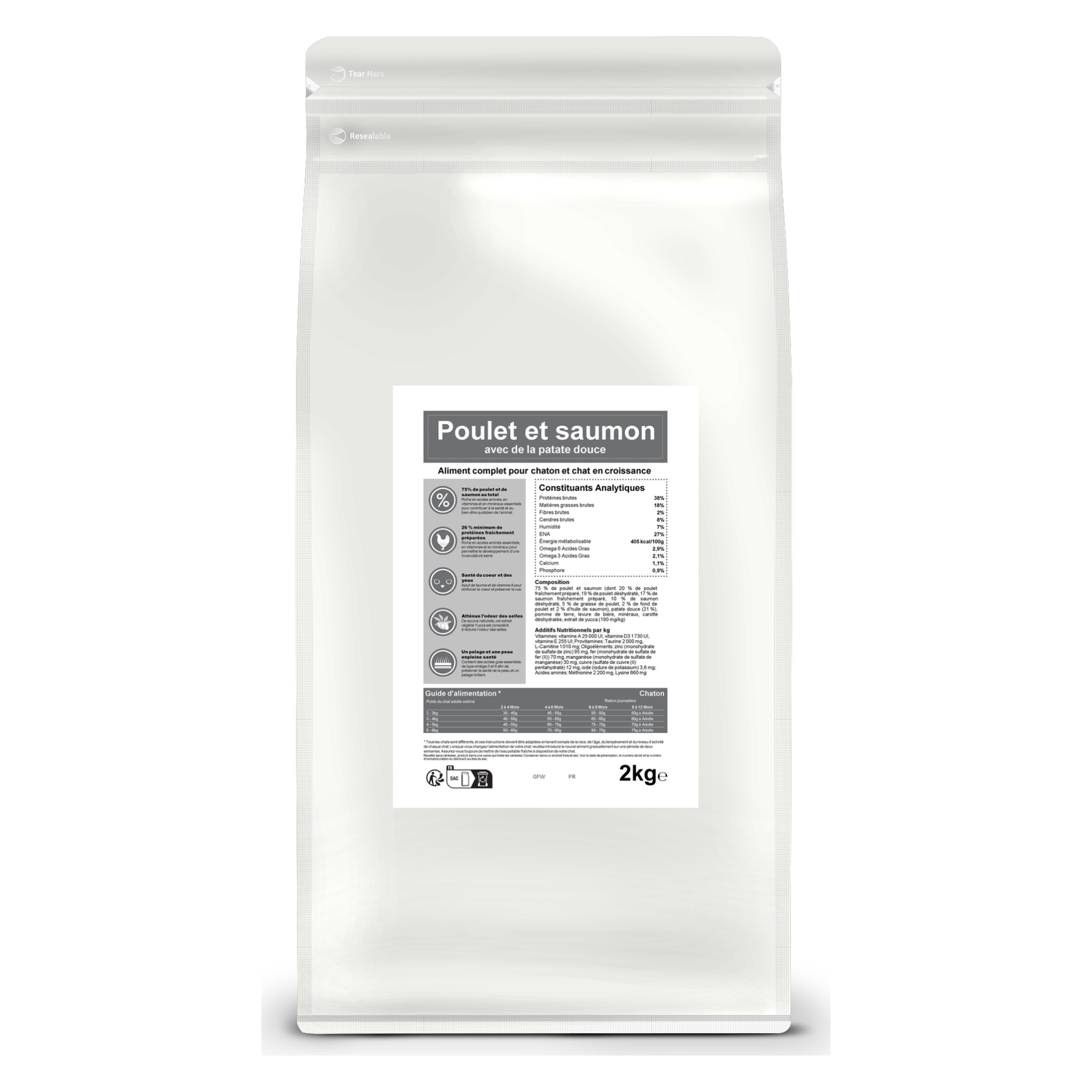 Croquettes sans céréales pour chaton – Poulet et saumon 2 kg – Le Chat Urbain — 2 kg — sac de face avec étiquette avant