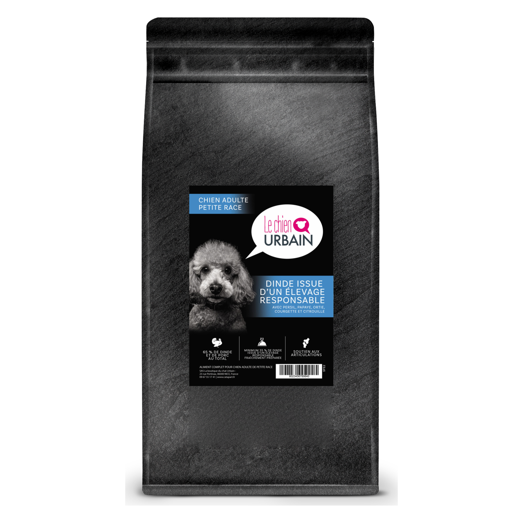Croquettes sans céréales à la dinde et au porc 65 % pour petit chien adulte 2 kg - Le Chien Urbain — 2 kg — sac de face avec étiquette avant