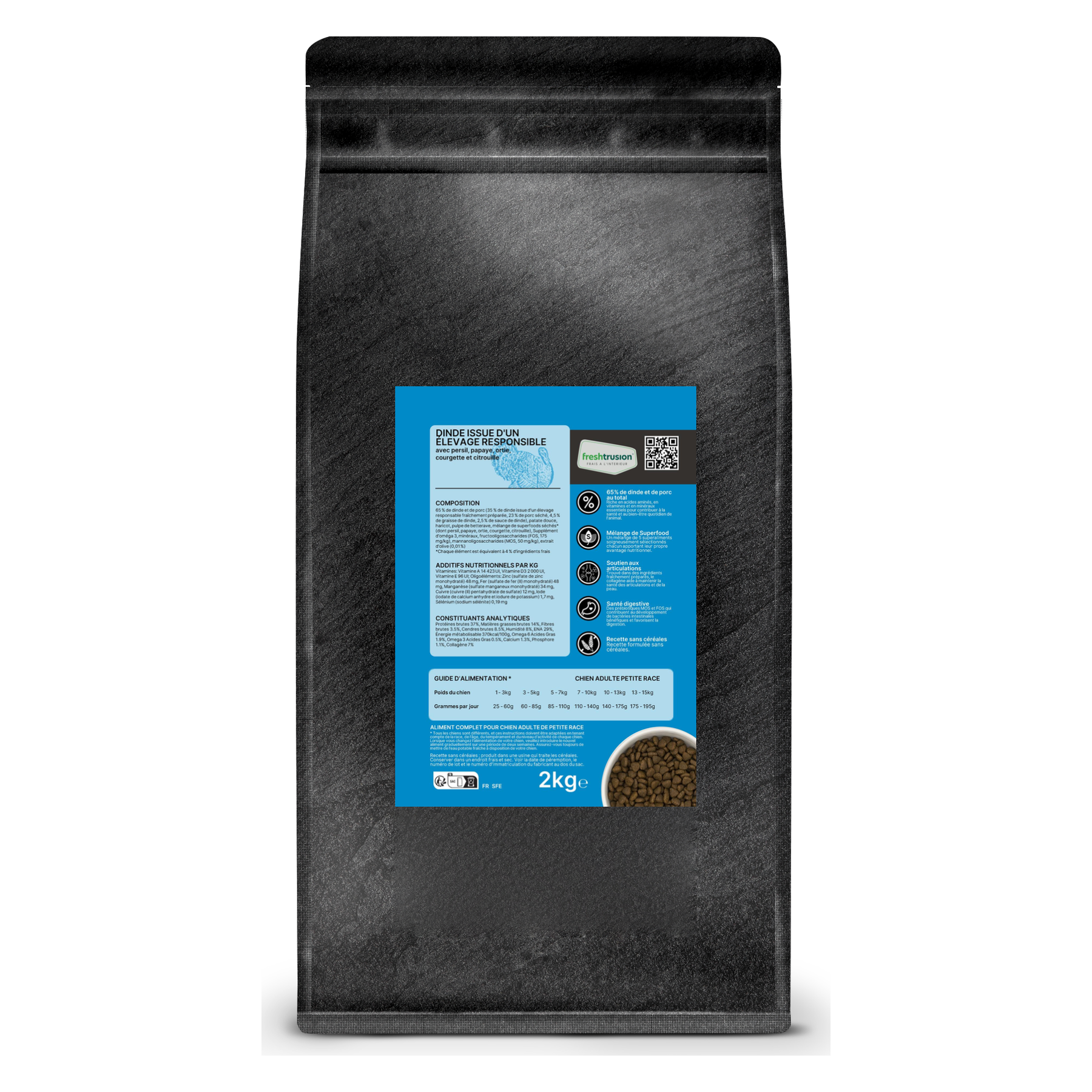 Croquettes sans céréales à la dinde et au porc 65 % pour petit chien adulte 2 kg - Le Chien Urbain — 2 kg — sac de face avec étiquette avant
