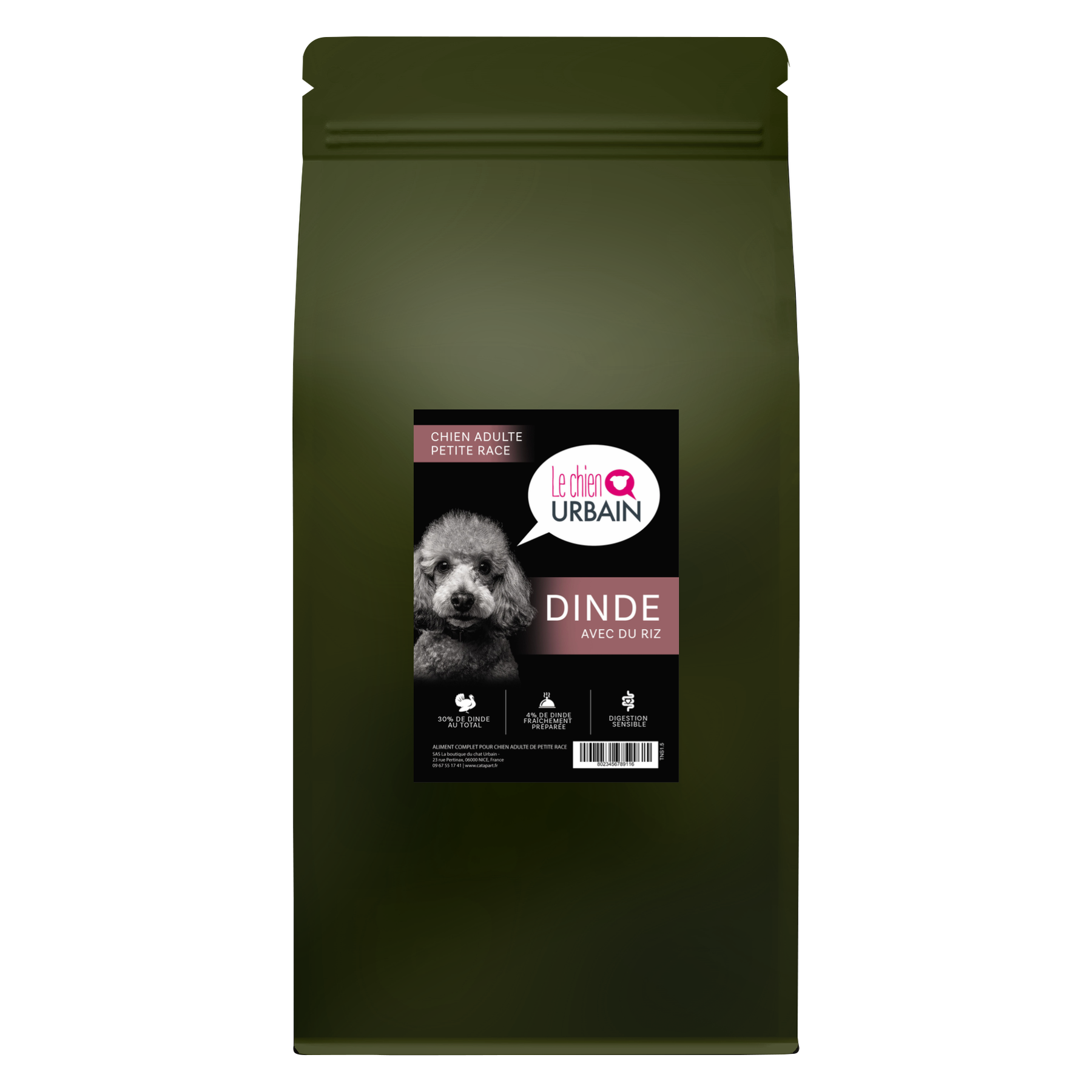 Croquettes pour chien adulte petite race – Dinde, riz et avoine 1,5 kg – Le Chien Urbain — 1,5 kg — sac de face avec étiquette avant