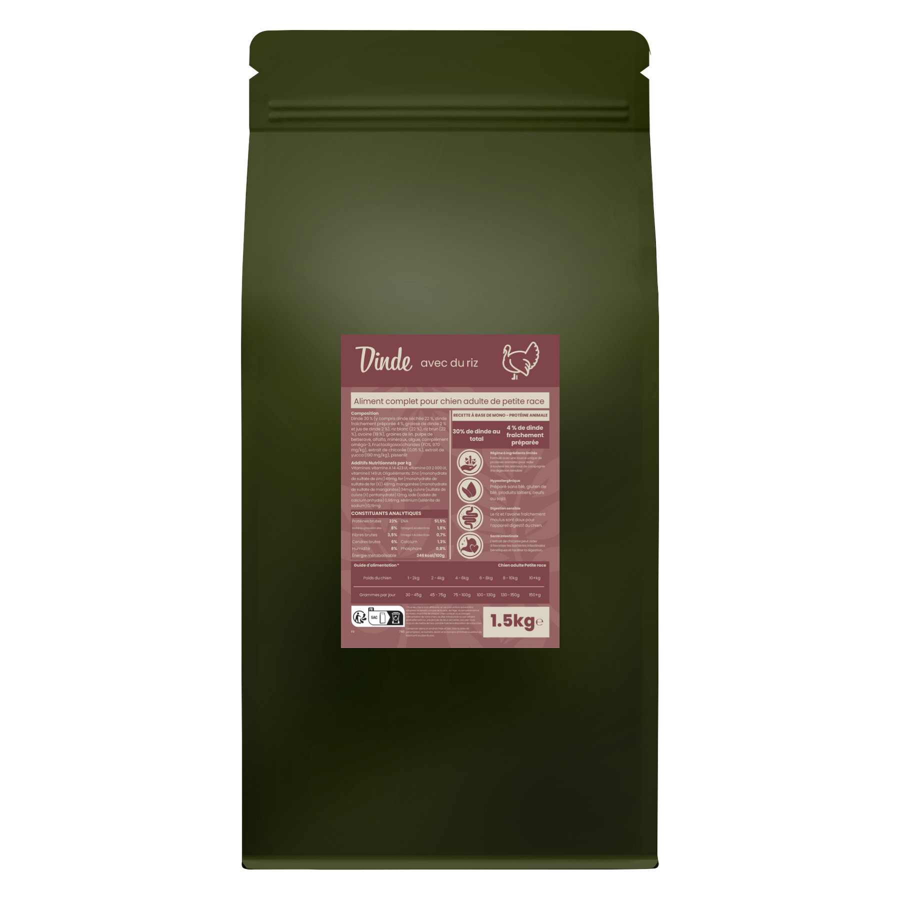 Croquettes pour chien adulte petite race – Dinde, riz et avoine 1,5 kg – Le Chien Urbain — 1,5 kg — sac de face avec étiquette avant