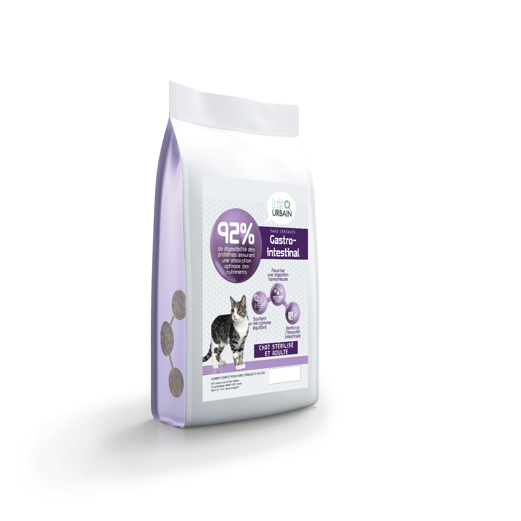 Croquettes Peptide+ digestion pour chat stérilisé – Le Chat Urbain — sac de profil — 1.5 kg
