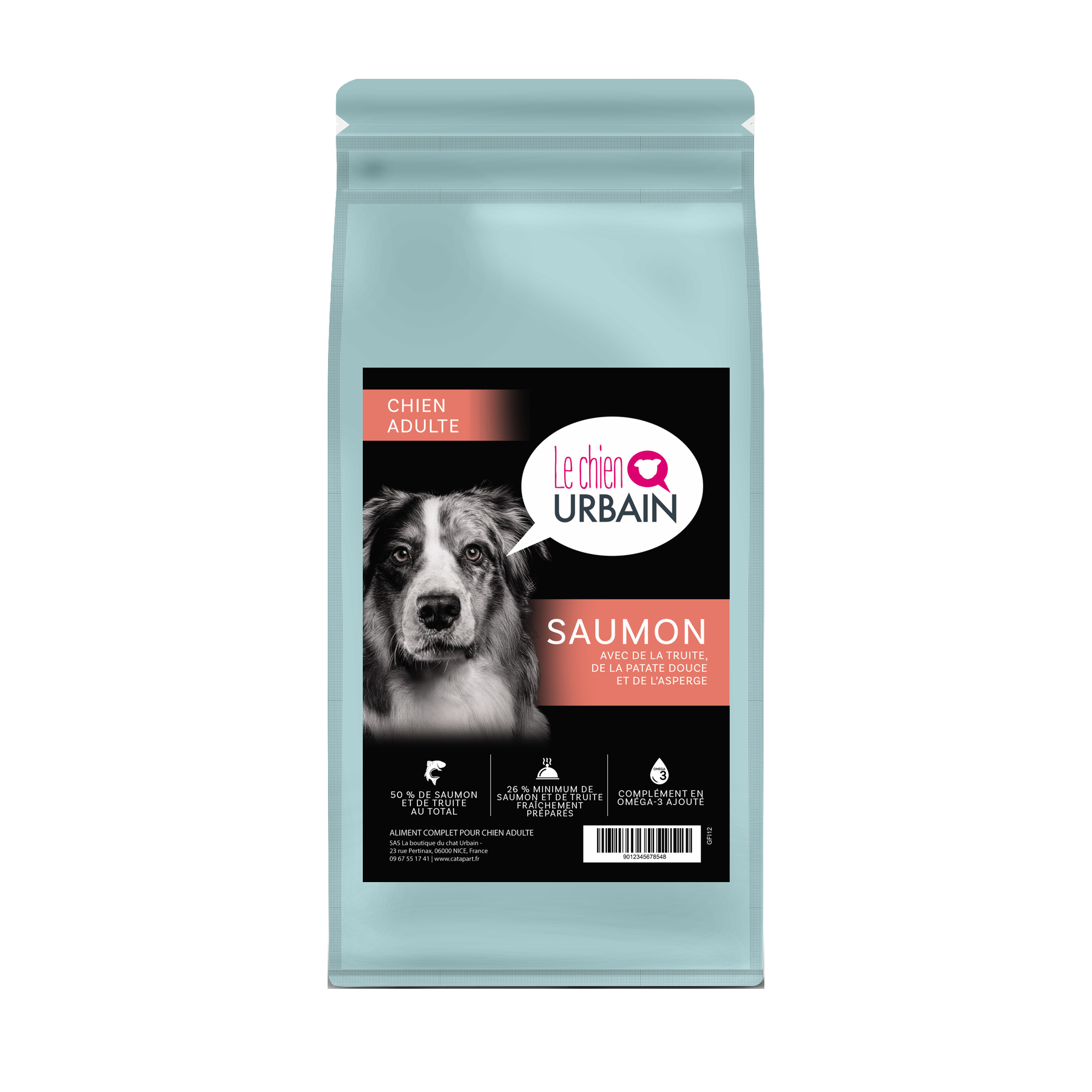 Croquettes sans céréales pour chien adulte – Saumon, truite, patate douce et asperge – Le Chien Urbain — sac de face — 2 kg
