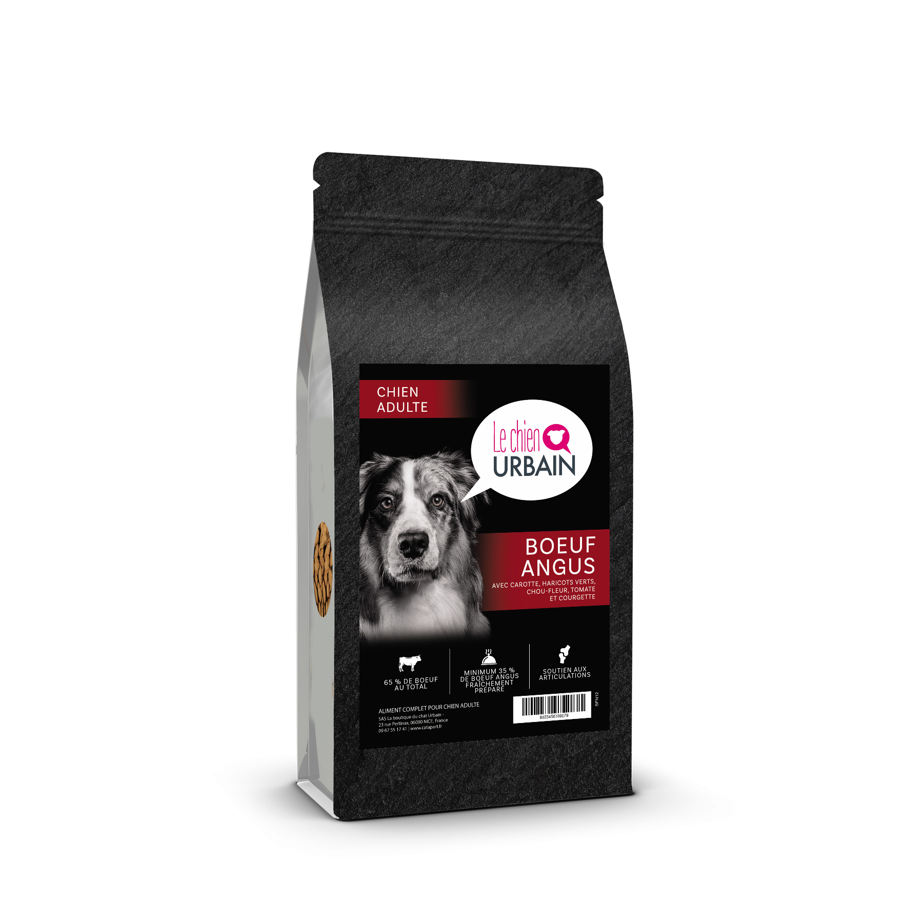 Croquettes sans céréales au bœuf Angus 65 % pour chien adulte - Le Chien Urbain — sac de profil — 2 kg