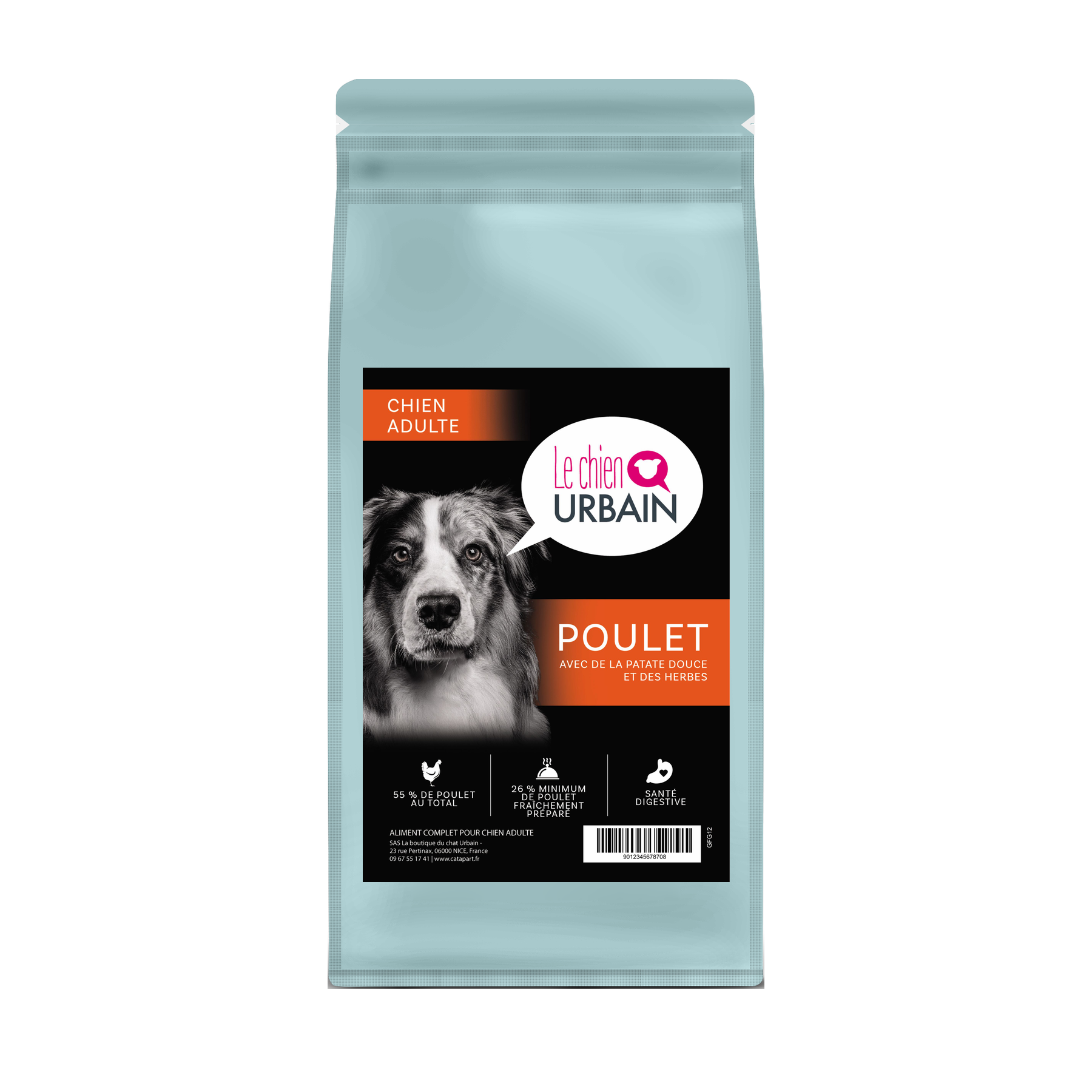 Croquettes sans céréales pour chien adulte – Poulet, patate douce et herbes – Le Chien Urbain — sac de face — 2 kg