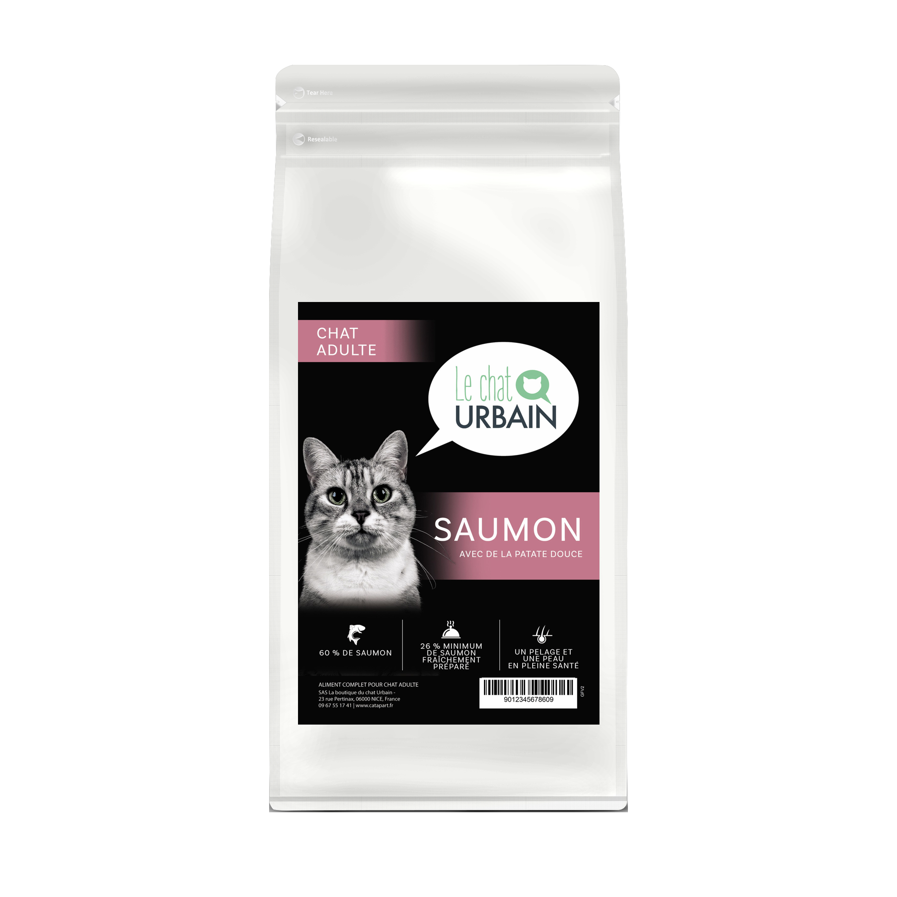 Croquettes sans céréales pour chat adulte – Saumon – Le Chat Urbain — sac de face — 2 kg