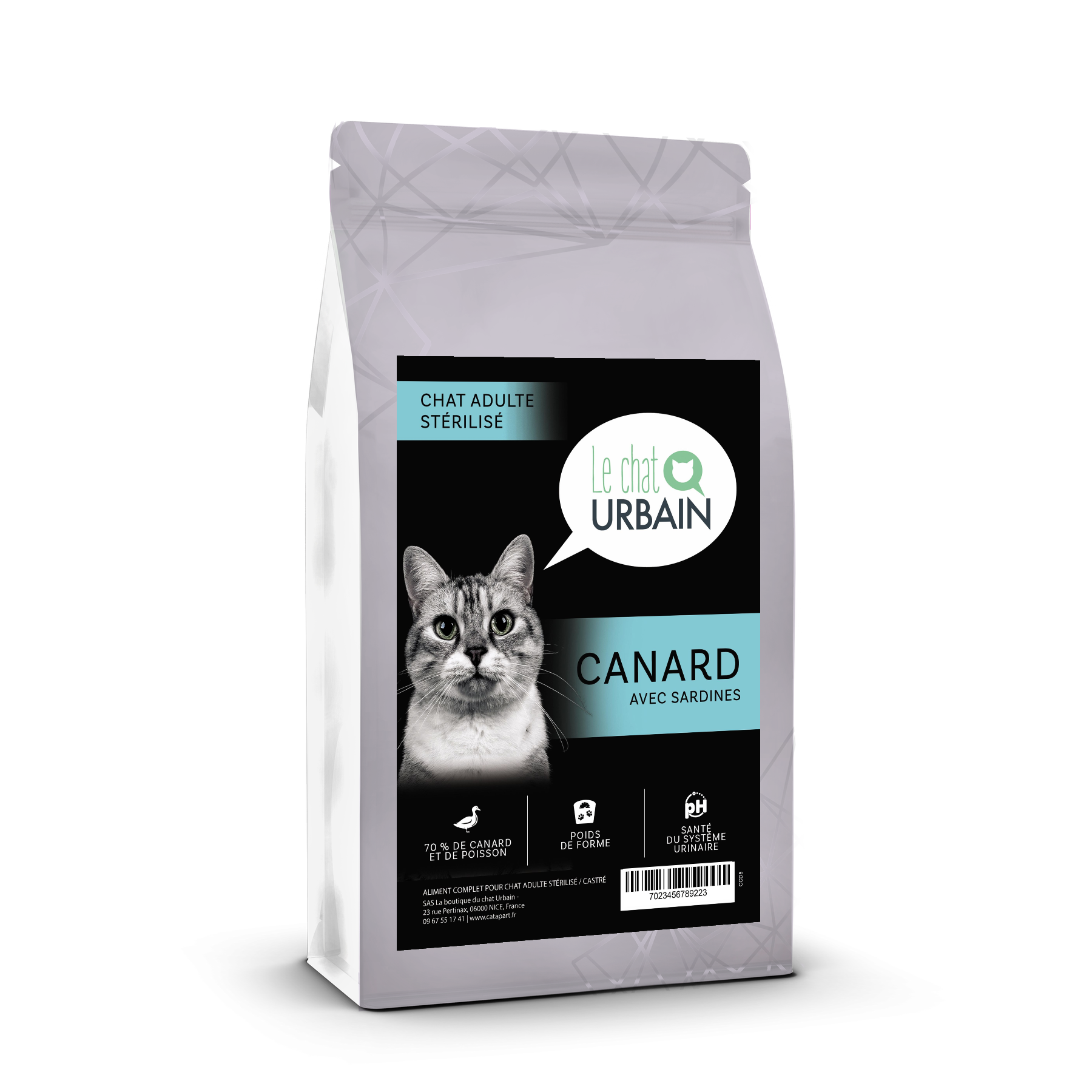 Croquettes sans céréales au canard et aux sardines 70 % pour chat stérilisé - Le Chat Urbain — sac de profil — 1.5 kg