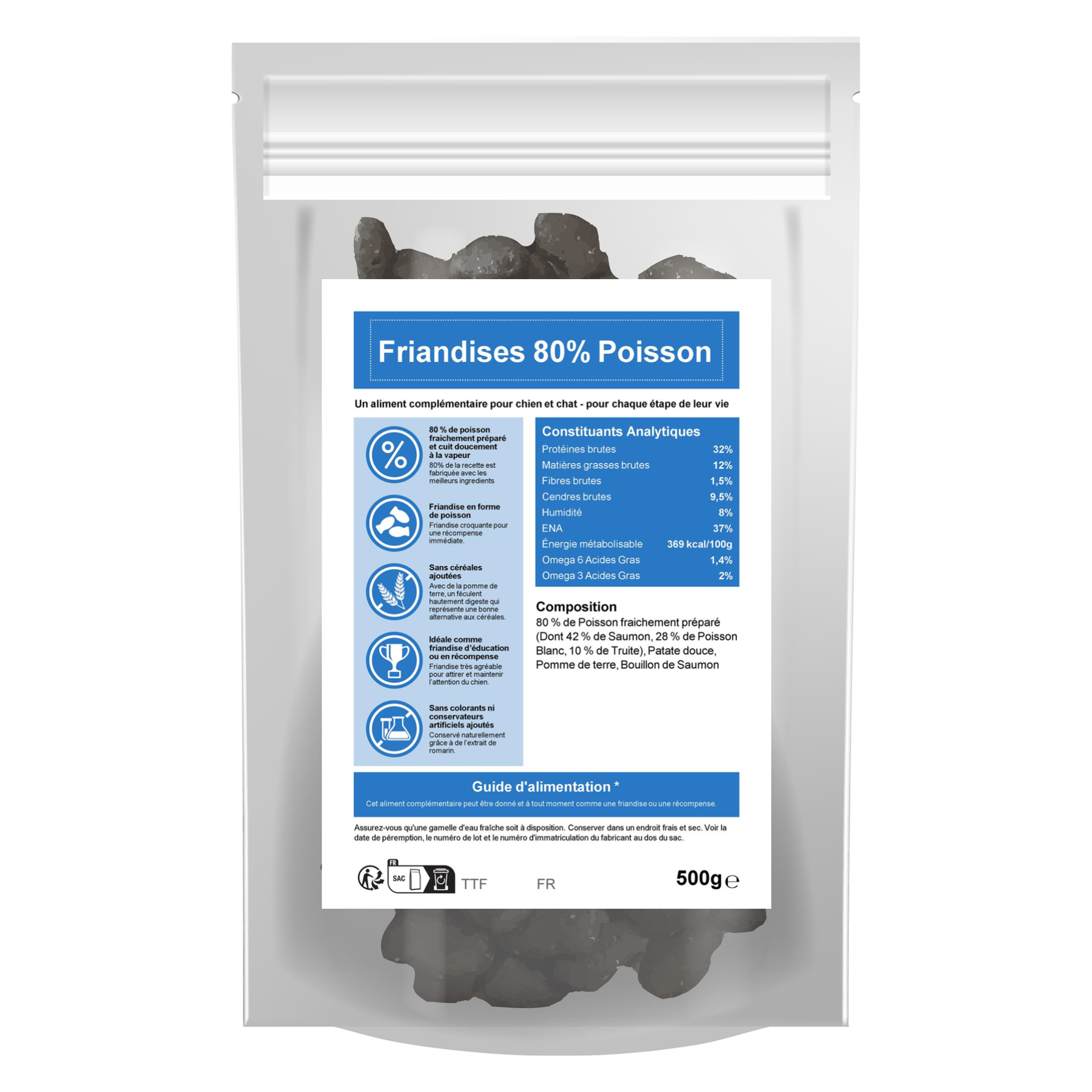 Friandises au poisson 80 % pour chien et chat 500 g – Le Chien Urbain — sac de face — 500 g