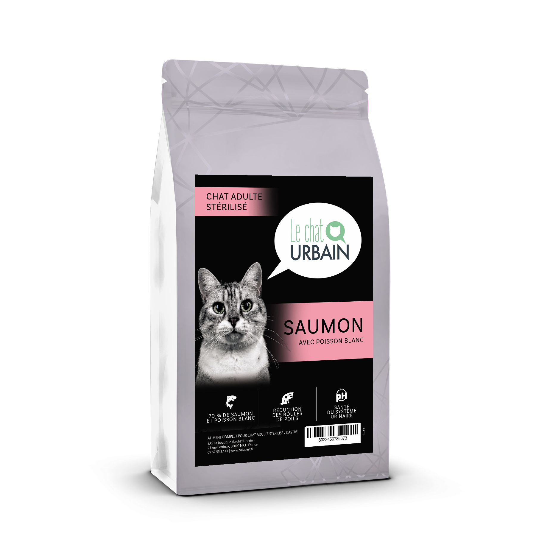 Croquettes sans céréales au saumon et poisson blanc 70 % pour chat stérilisé - Le Chat Urbain — sac de profil — 1.5 kg