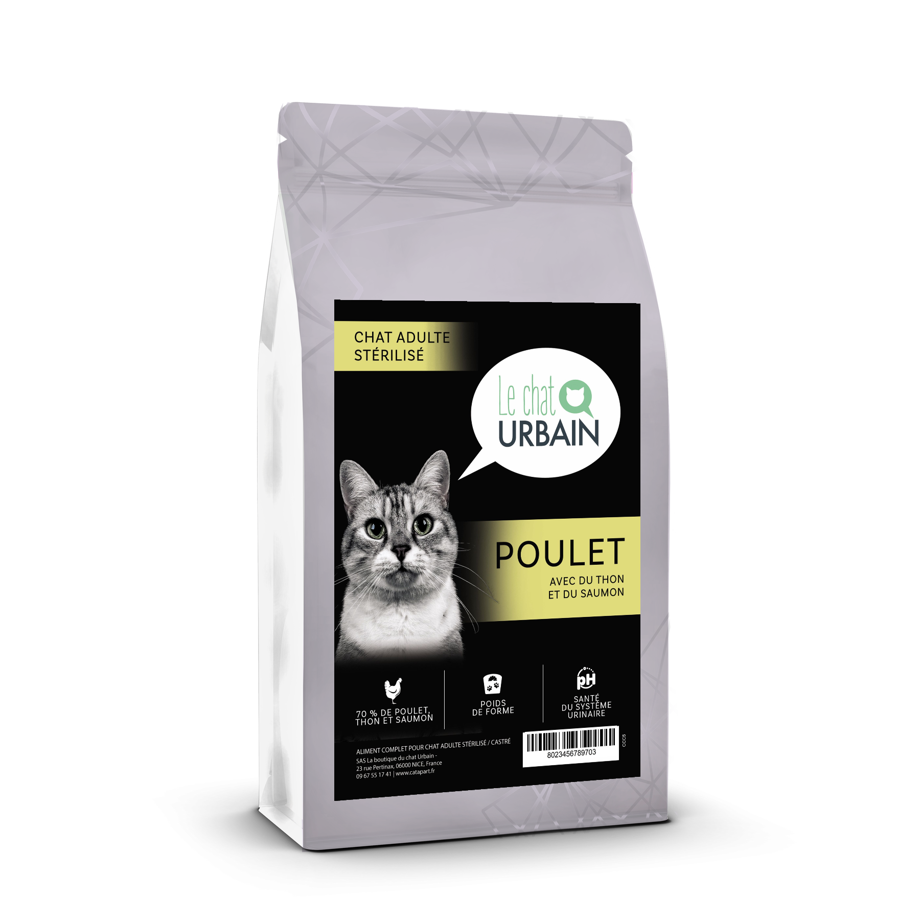 Croquettes sans céréales au poulet, thon et saumon 70 % pour chat stérilisé - Le Chat Urbain — sac de profil — 1.5 kg