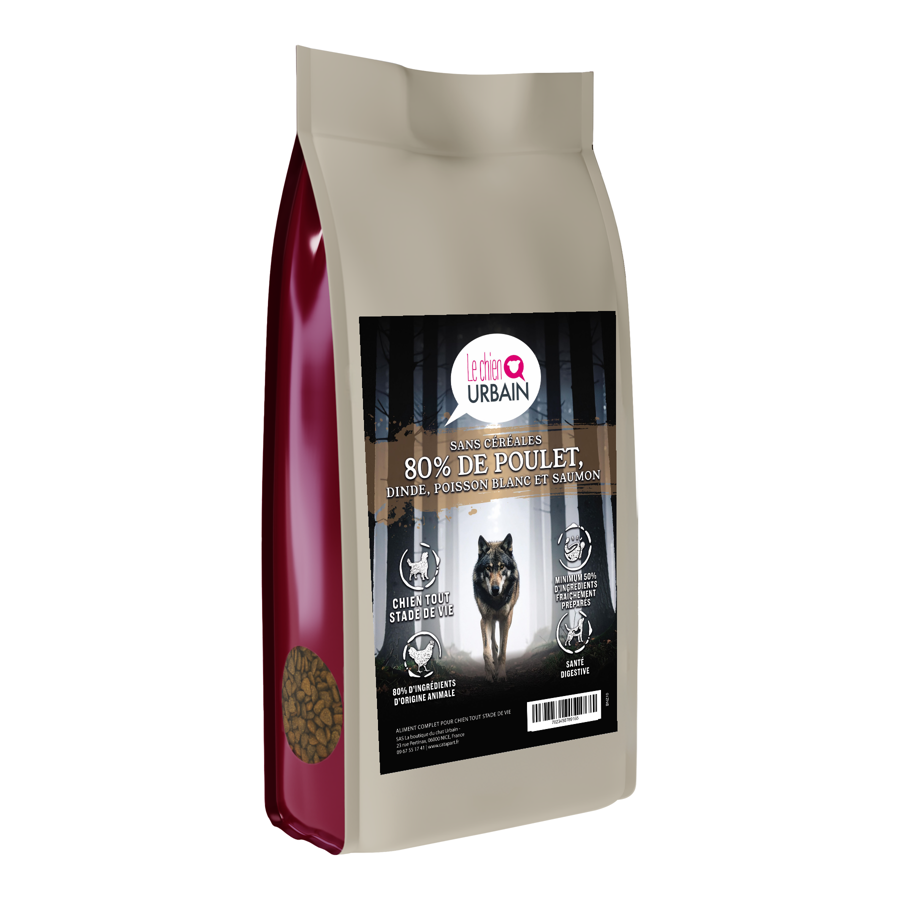 Croquettes 80/20 poulet, dinde et poissons – Le Chien Urbain — sac de profil — 2 kg