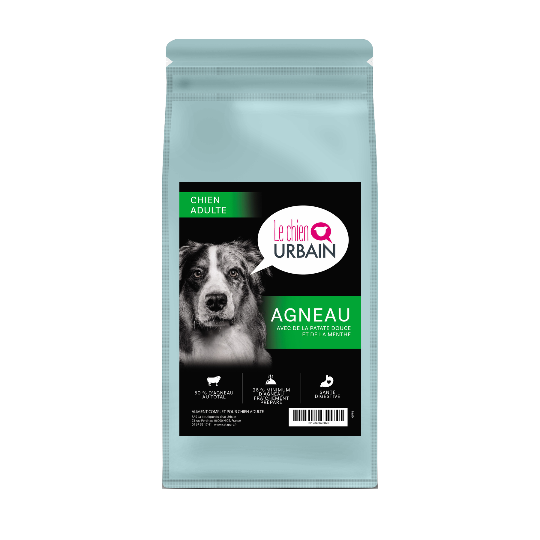 Croquettes sans céréales pour chien adulte – Agneau, patate douce et menthe – Le Chien Urbain — sac de face — 2 kg