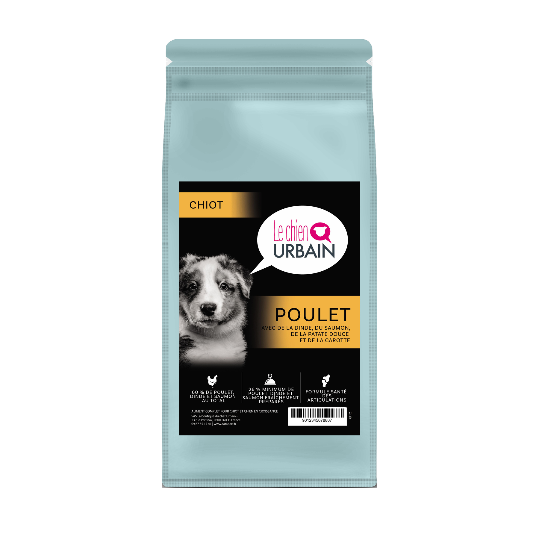 Croquettes sans céréales pour chiot – Poulet, dinde, saumon et patate douce – Le Chien Urbain — sac de face — 2 kg