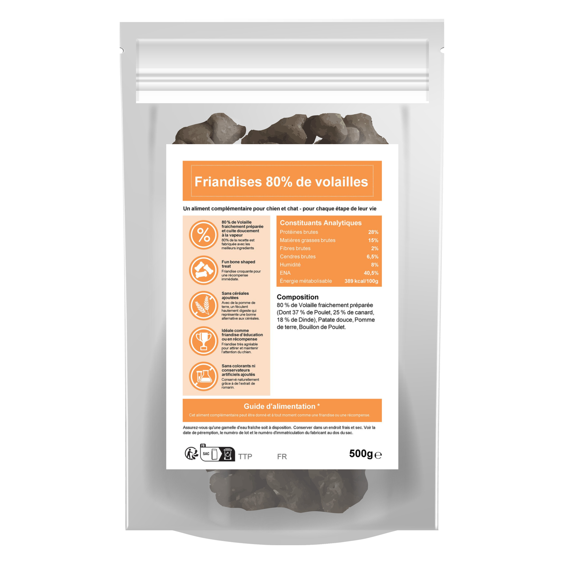 Friandises à la volaille 80 % pour chien et chat 500 g – Le Chien Urbain — sac de face — 500 g