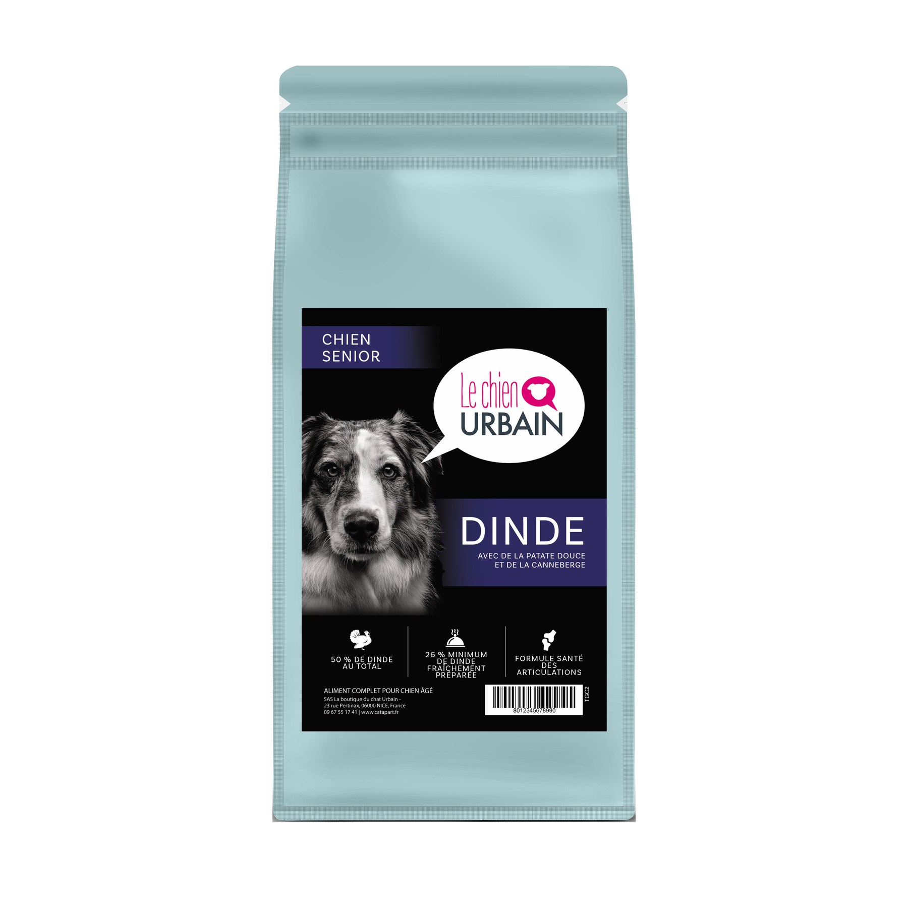 Croquettes sans céréales pour chien senior – Dinde, patate douce et canneberge – Le Chien Urbain — sac de face — 2 kg